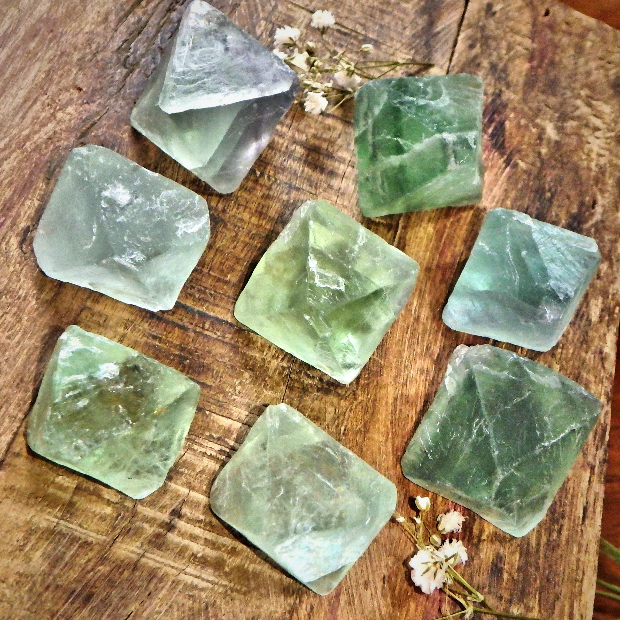 Set of 2 Natural Green Octahedron Fluorite Hand Held Specimen