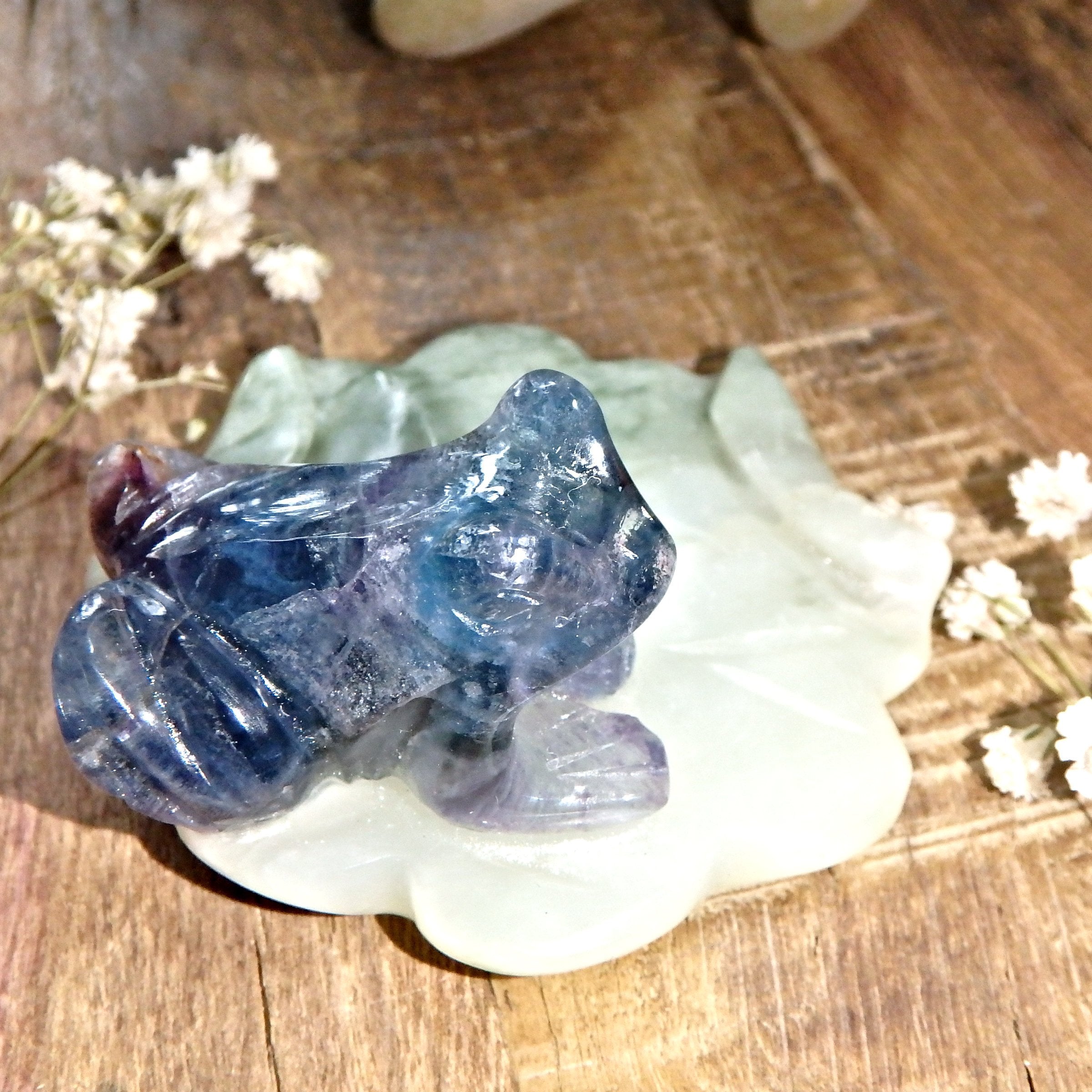 Vibrant Fluorite Frog on Mint Green Jade Lily Pad Display Carving 1 - Earth Family Crystals