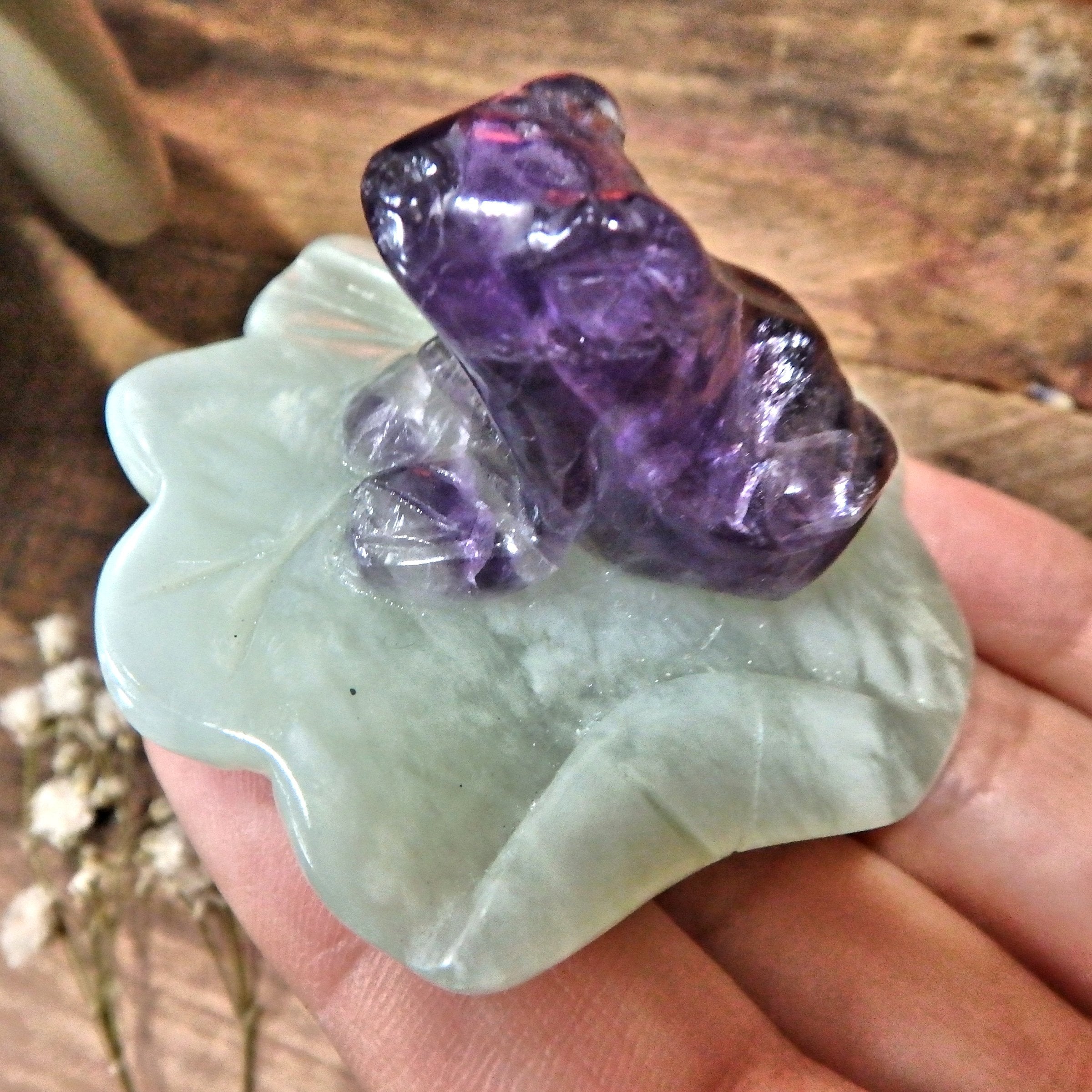 Vibrant Fluorite Frog on Mint Green Jade Lily Pad Display Carving 2 - Earth Family Crystals