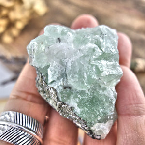 Raw Green Fluorite Chunk with Dusting of Druzy Quartz & Pyrite - Earth Family Crystals