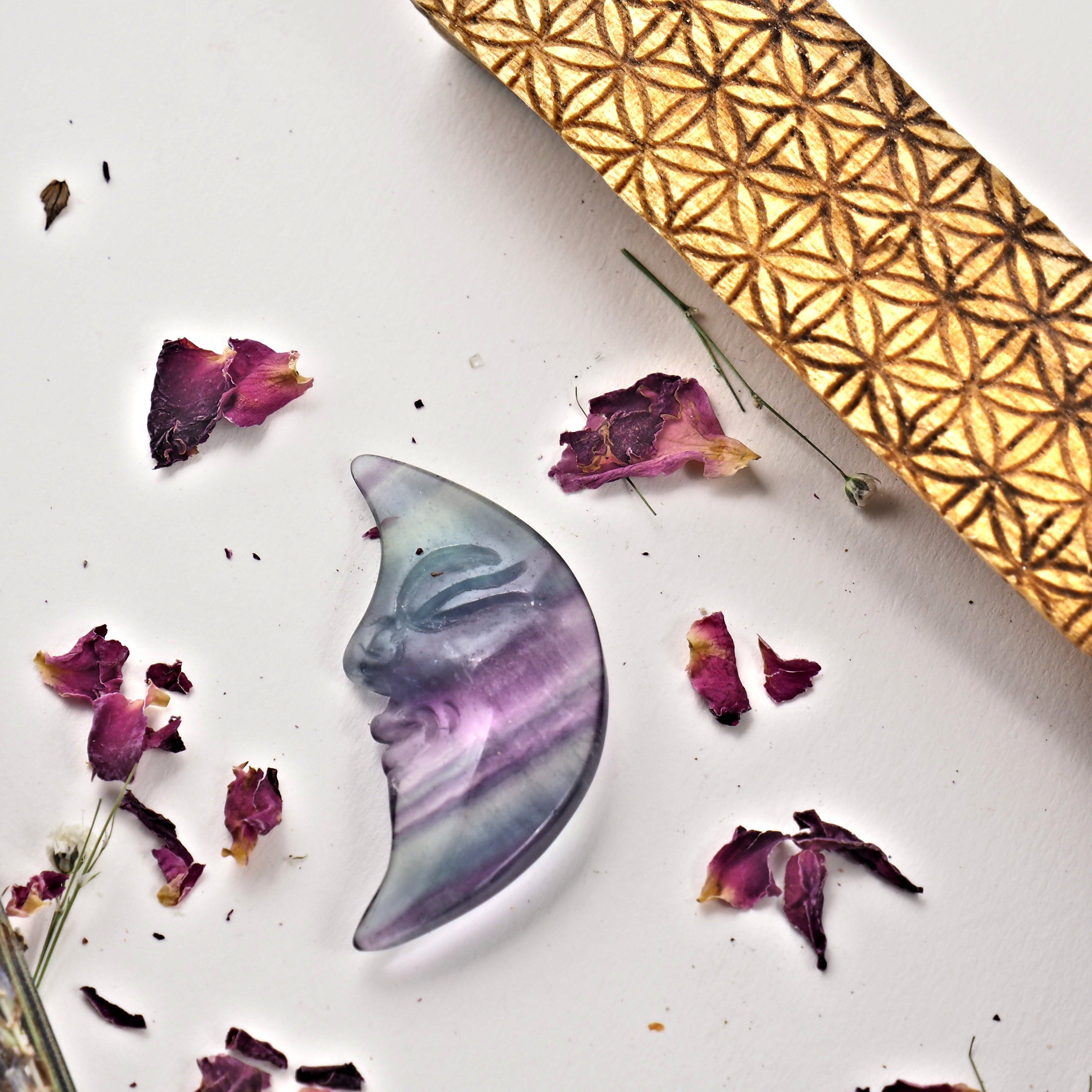 Cute Rainbow Fluorite Crescent Moon Face Carving - Earth Family Crystals