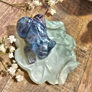 Vibrant Fluorite Frog on Mint Green Jade Lily Pad Display Carving 1 - Earth Family Crystals