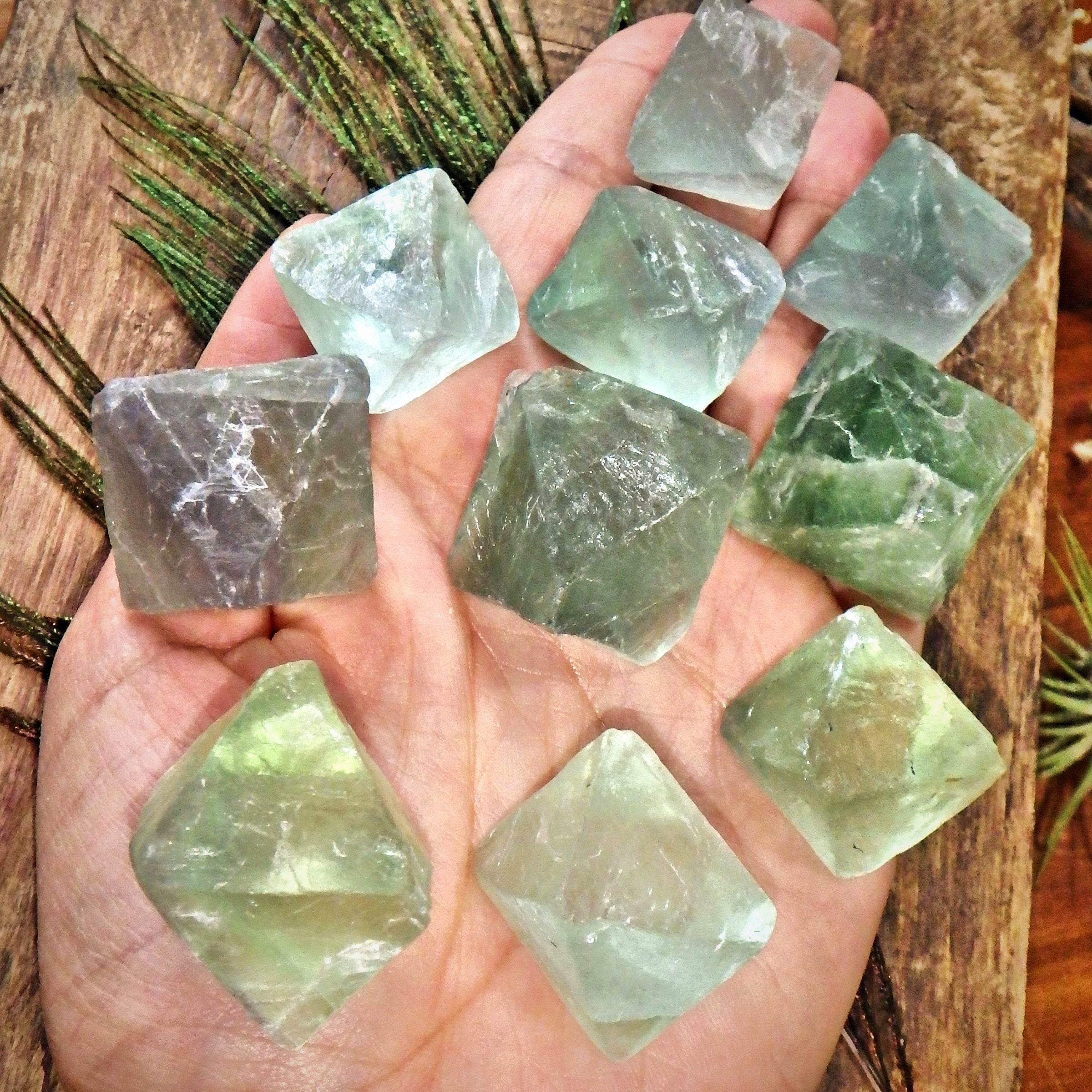 Set of 2 Natural Green Octahedron Fluorite Hand Held Specimen