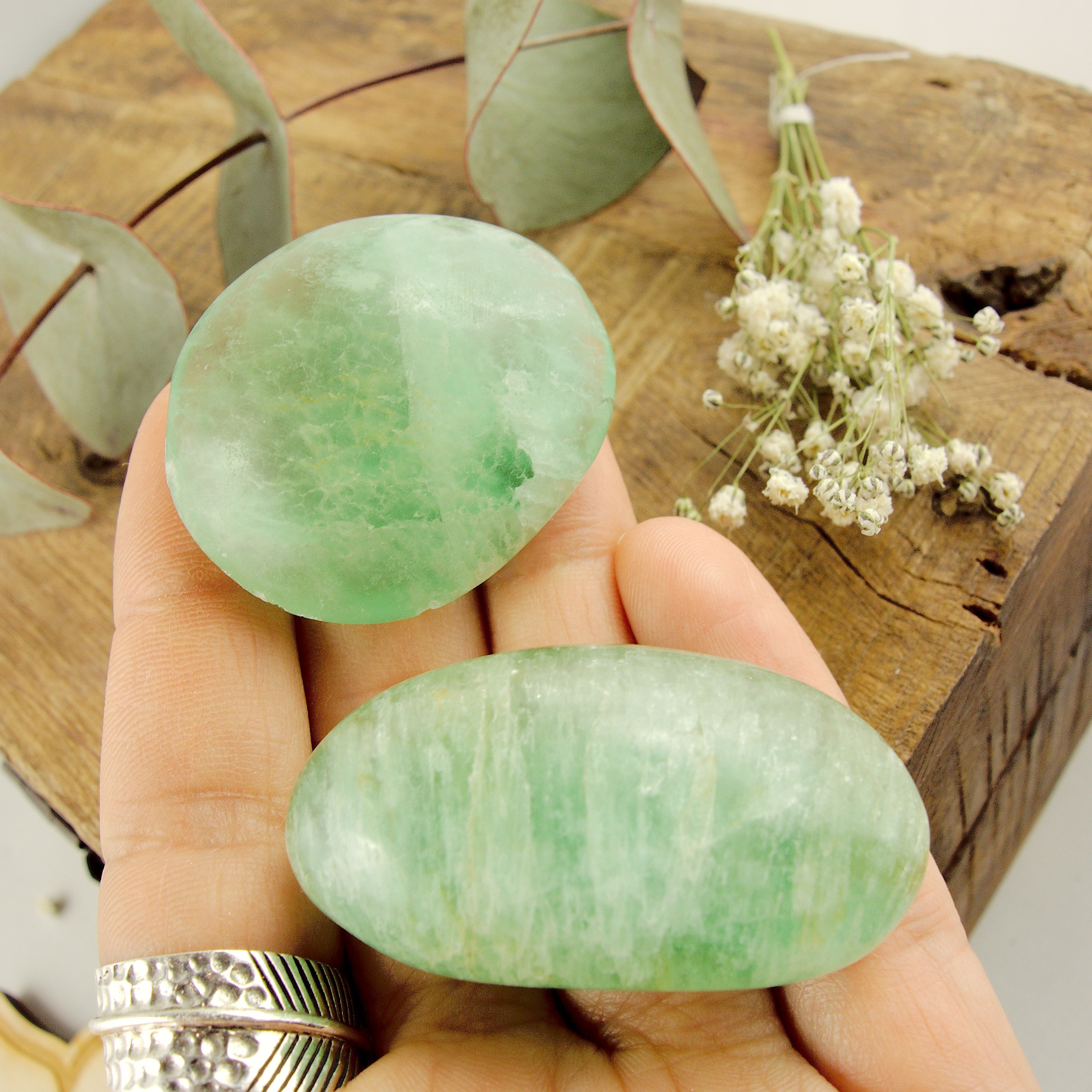 Set of 2 Uplifting Spring Green Fluorite Polished Palm Stone Set