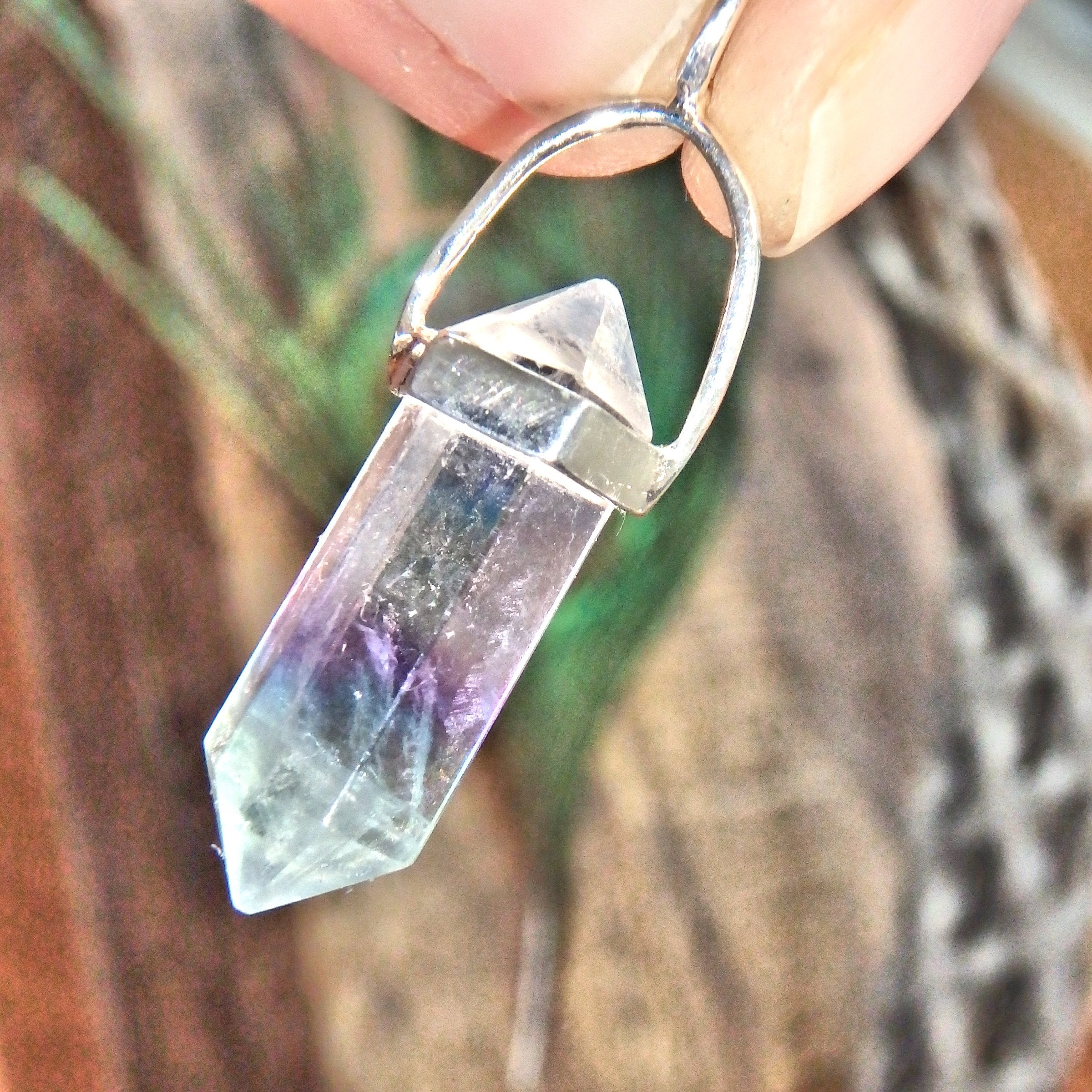 Optical Clear Purple & Green Fluorite DT  Pendant in Sterling Silver (Includes Silver Chain)