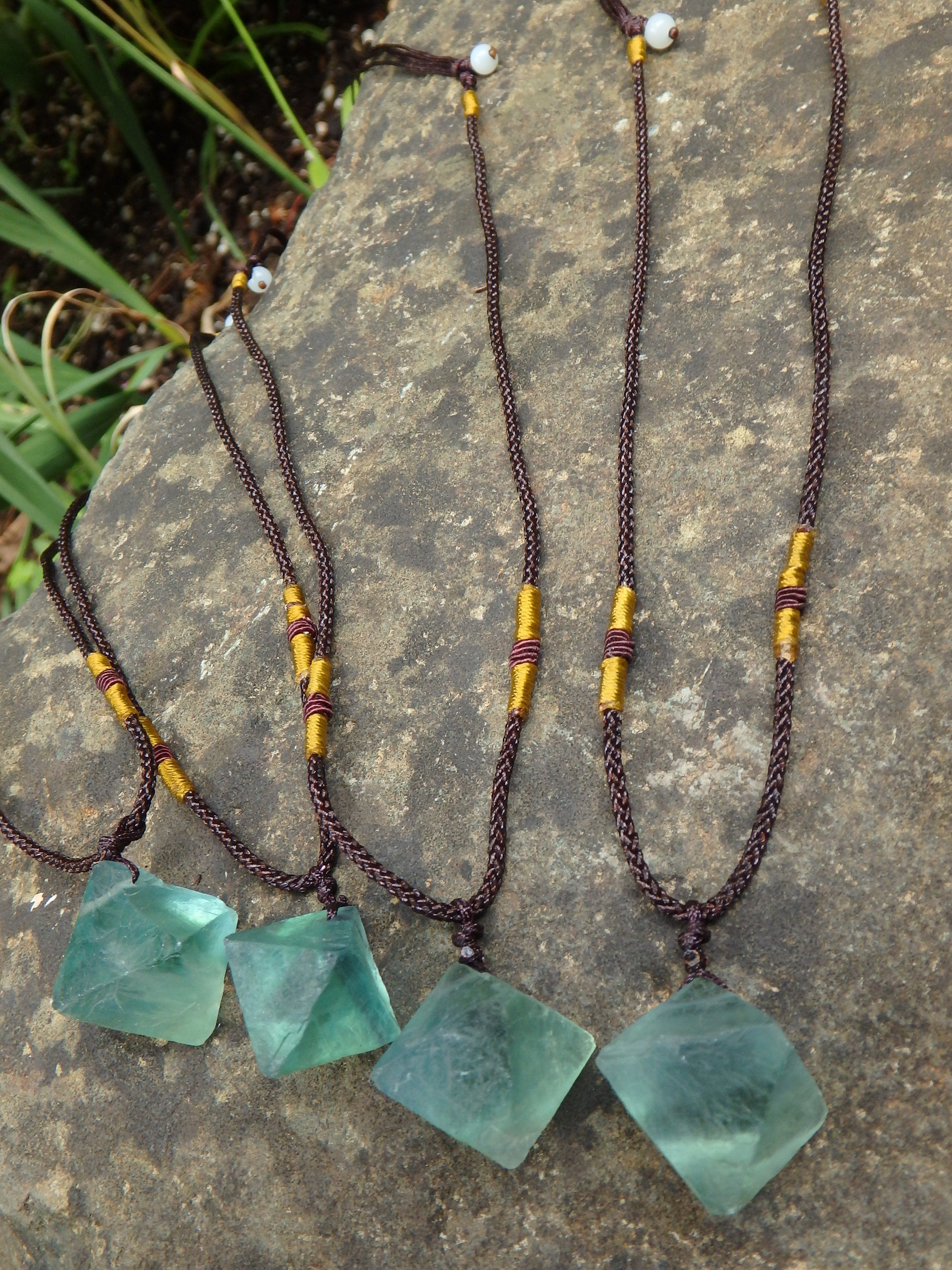 Vibrant Green Fluorite Natural Octahedron Necklace on adjustable Cord (1) - Earth Family Crystals