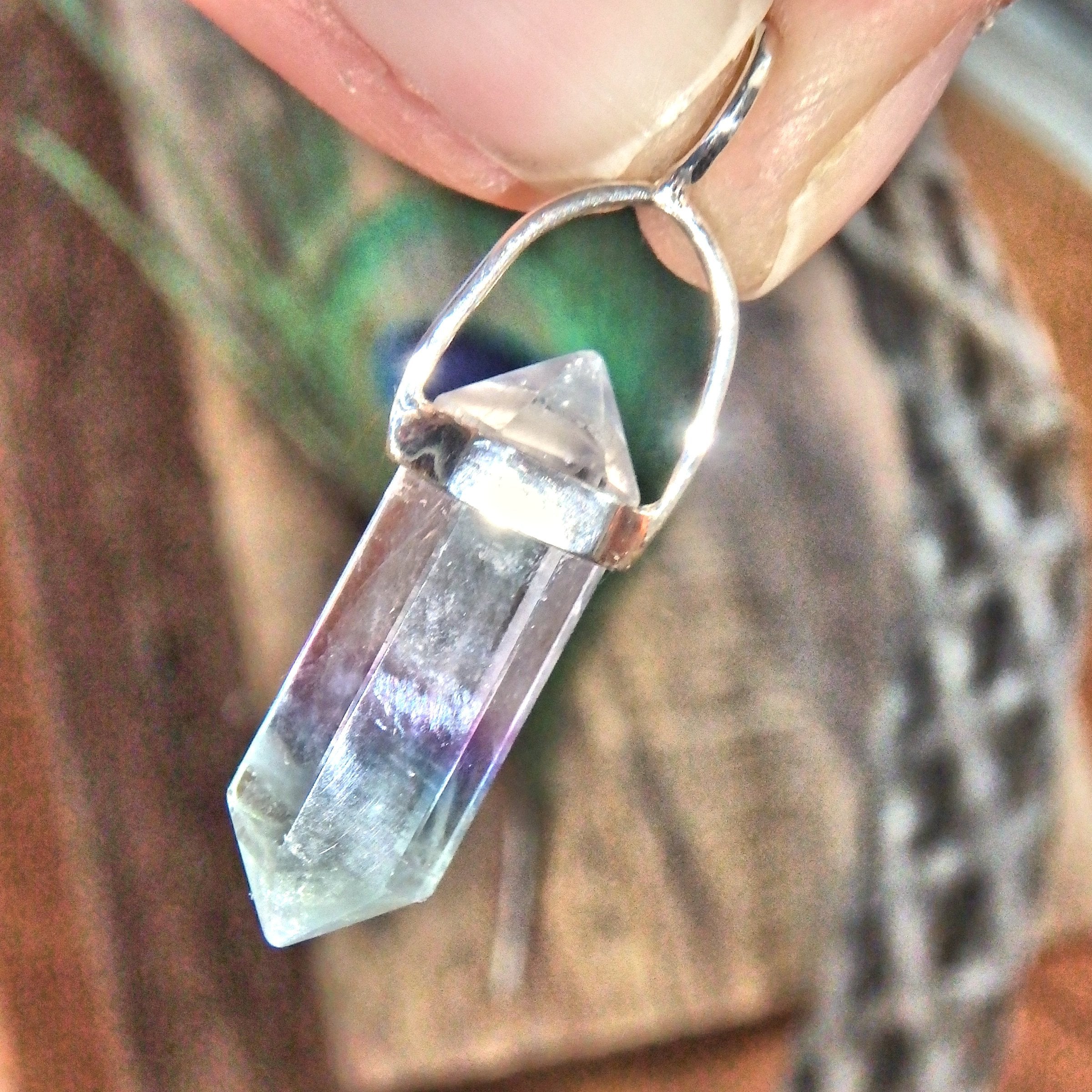 Optical Clear Purple & Green Fluorite DT  Pendant in Sterling Silver (Includes Silver Chain)