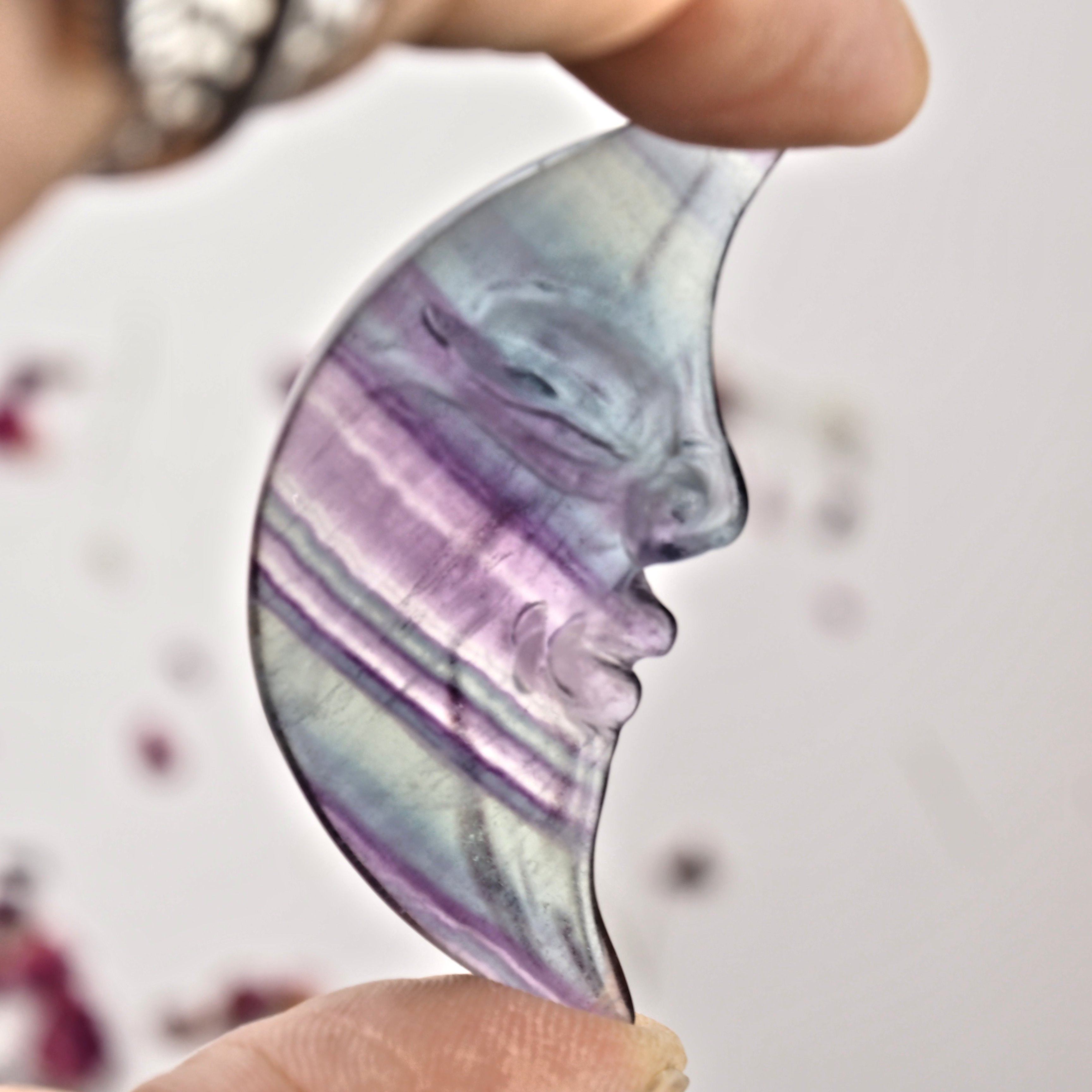 Cute Rainbow Fluorite Crescent Moon Face Carving - Earth Family Crystals