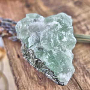 Raw Green Fluorite Chunk with Dusting of Druzy Quartz & Pyrite - Earth Family Crystals