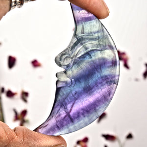 Rainbow Fluorite Crescent Moon Face Medium Carving