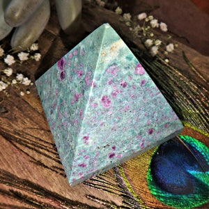 Pretty Color Contrast Ruby Fuschite Pyramid Display Carving *(REDUCED)*