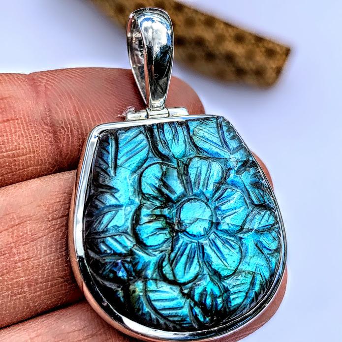 Fabulous Flower Carved Labradorite Pendant in Sterling Silver (Includes Silver Chain) #3 - Earth Family Crystals