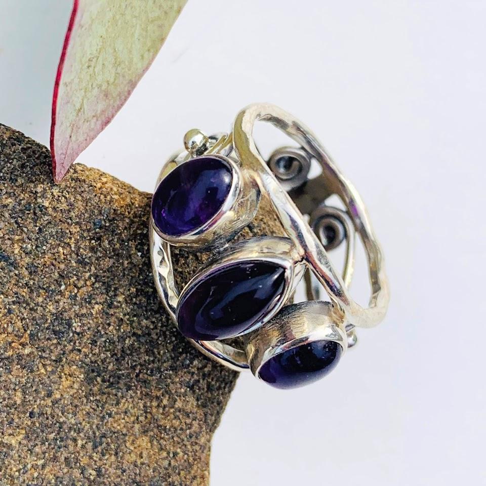 Three Purple Gemstones Purple Amethyst Sterling Silver Ring (Size 6) - Earth Family Crystals