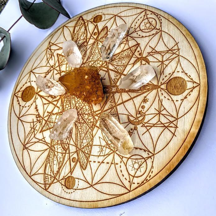 Crystal Mandala Set -Includes Dragonfly Flower of Life Birch Wood Board, Natural Golden Spirit Quartz & 6 Golden Healer Quartz Points - Earth Family Crystals