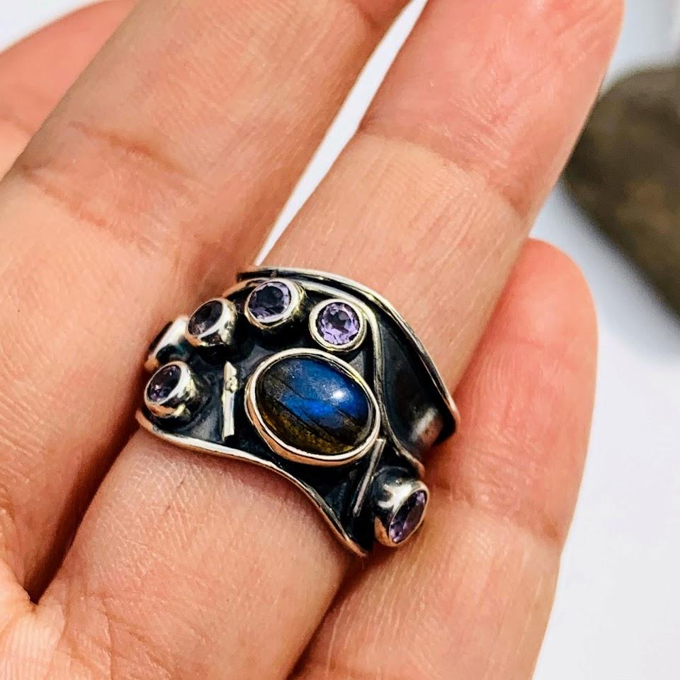 Gorgeous Faceted Amethyst & Flashy Labradorite Sterling Silver Ring (Size 6) - Earth Family Crystals