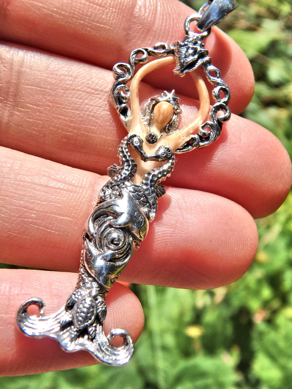 Underwater Lovers Goddess Pendant Carved from Bone in Sterling Silver (Includes Silver Chain) - Earth Family Crystals