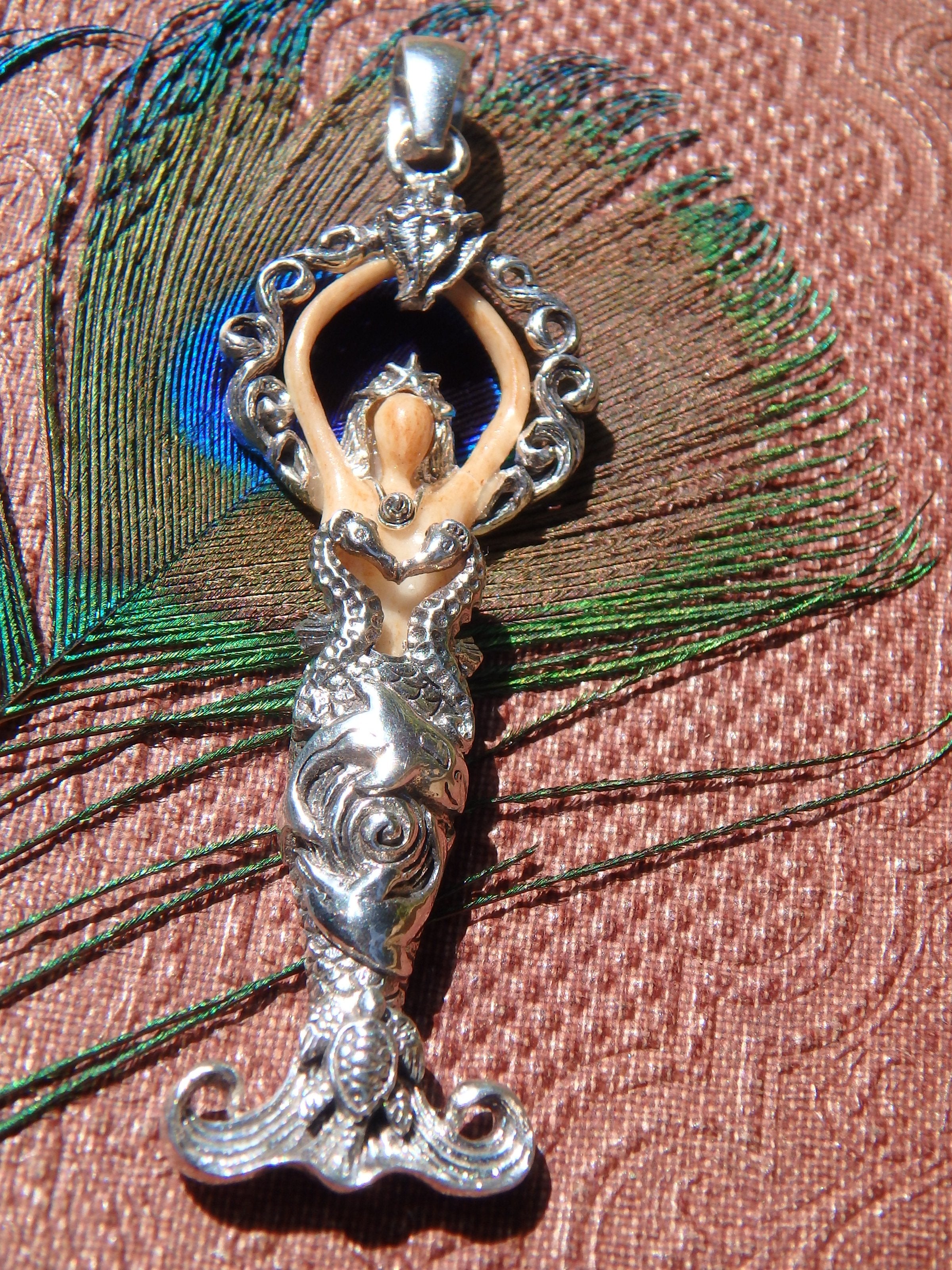 Underwater Lovers Goddess Pendant Carved from Bone in Sterling Silver (Includes Silver Chain) - Earth Family Crystals