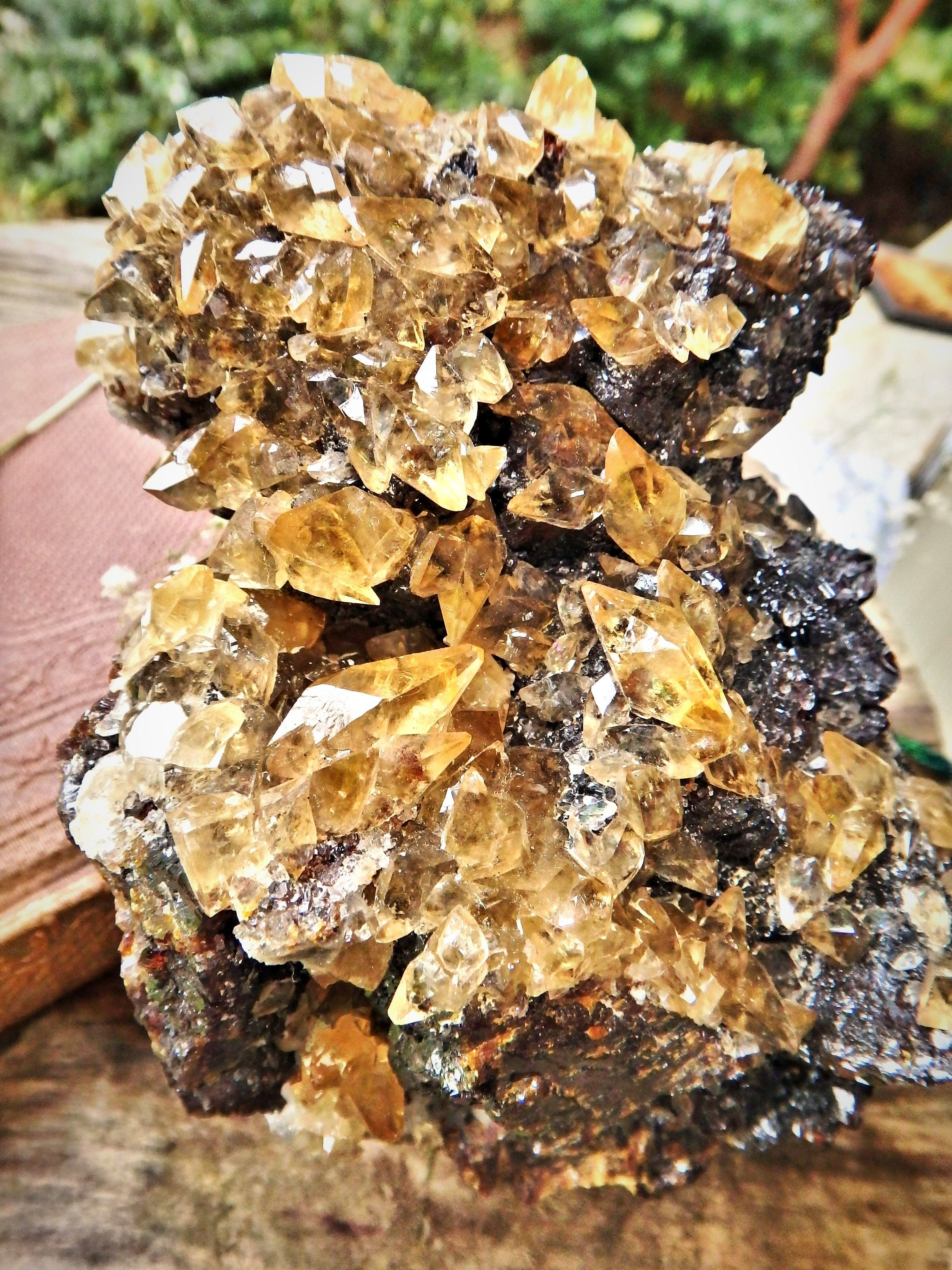 XL Extremely Impressive Elmwood Mine DT Shiny Golden Calcite Points Nestled on Ruby Sphalerite Matrix - Earth Family Crystals