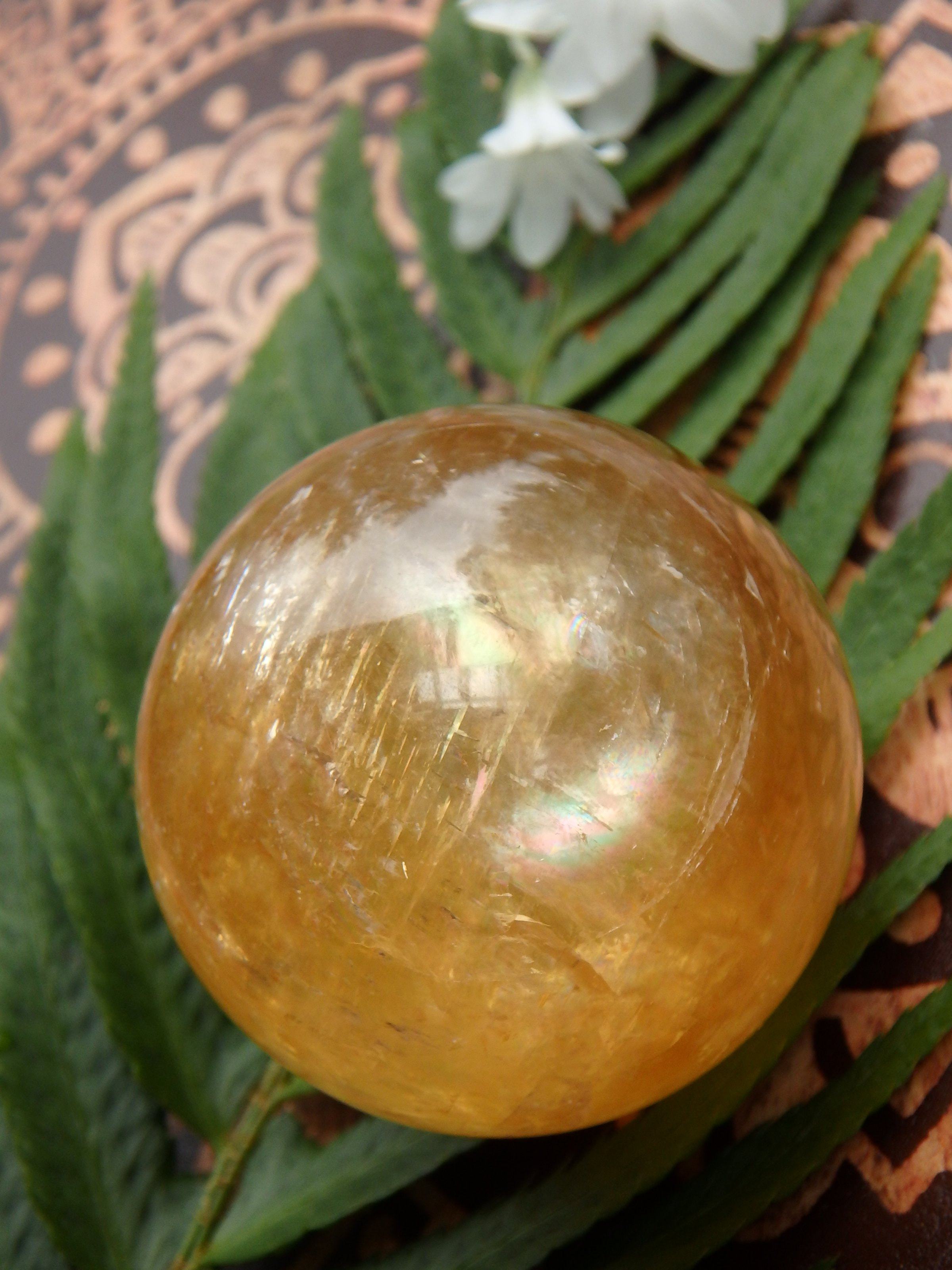Brilliant Deep Orange Golden Calcite Sphere Carving 2 - Earth Family Crystals