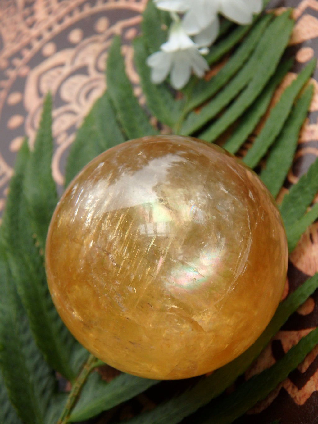 Brilliant Deep Orange Golden Calcite Sphere Carving 2 - Earth Family Crystals