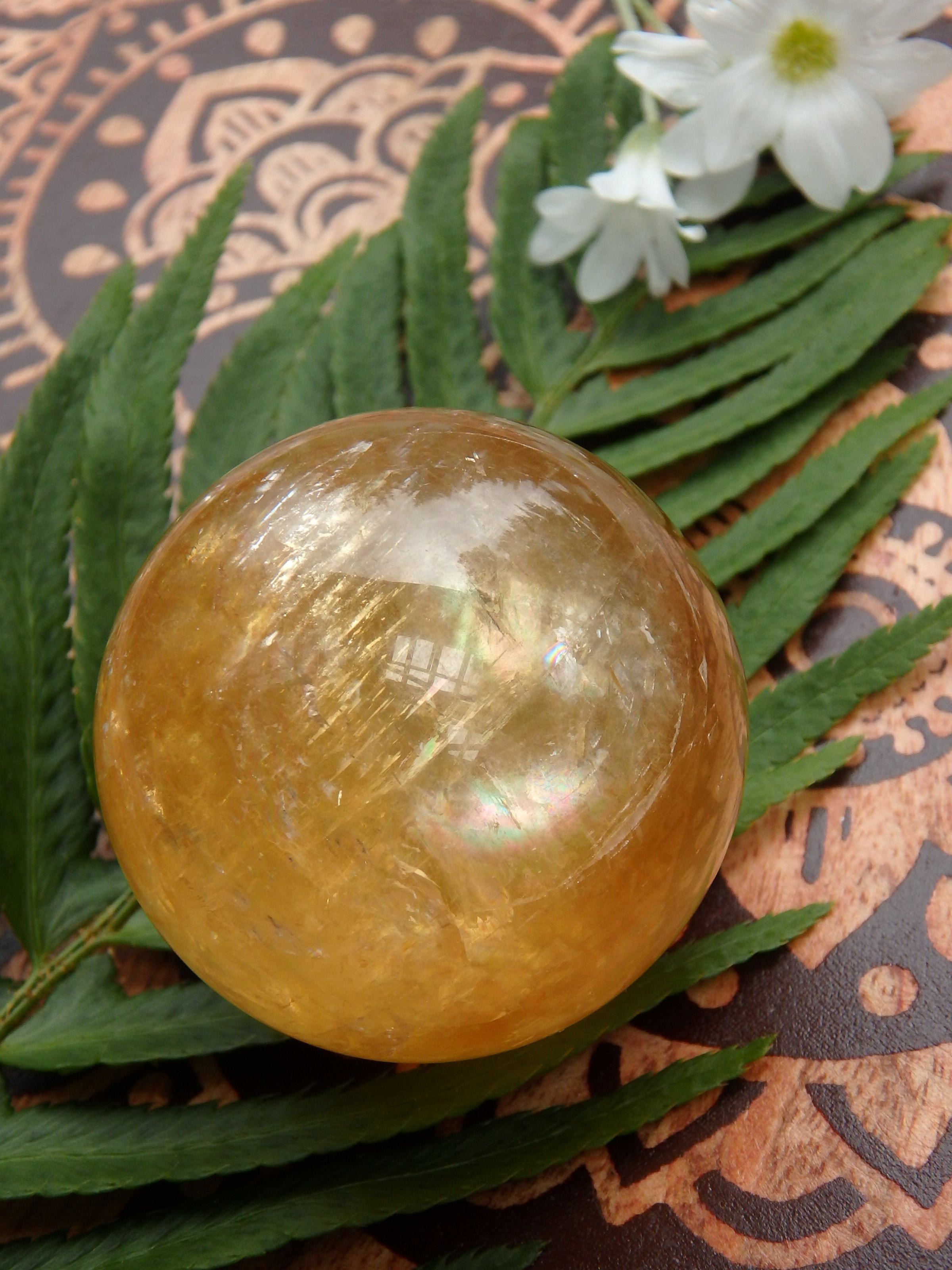 Brilliant Deep Orange Golden Calcite Sphere Carving 2 - Earth Family Crystals