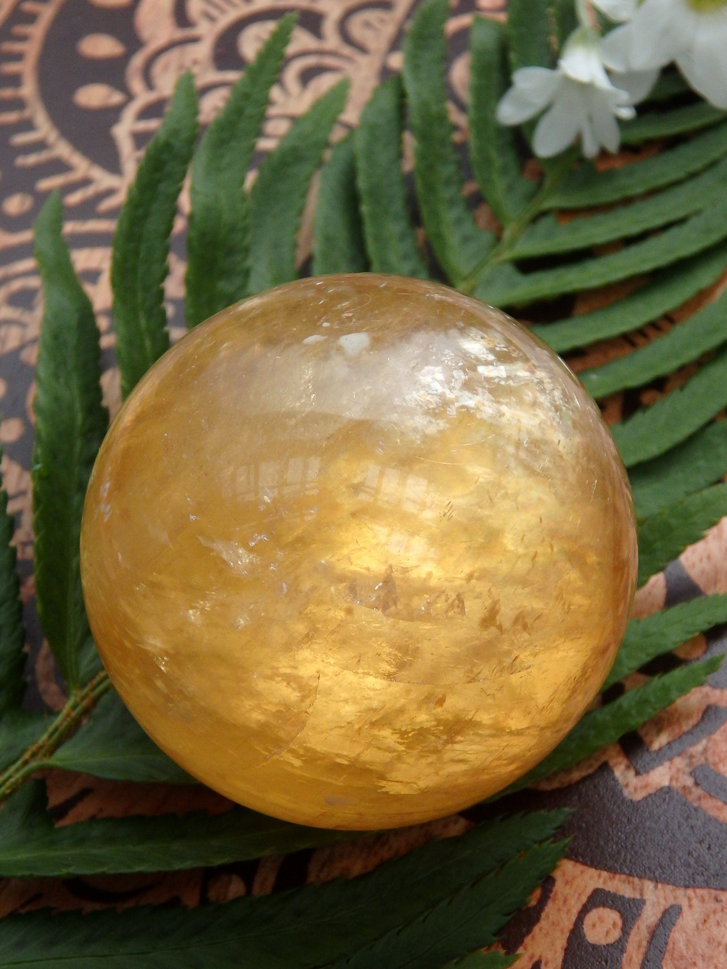 Brilliant Deep Orange Golden Calcite Sphere Carving 3 - Earth Family Crystals