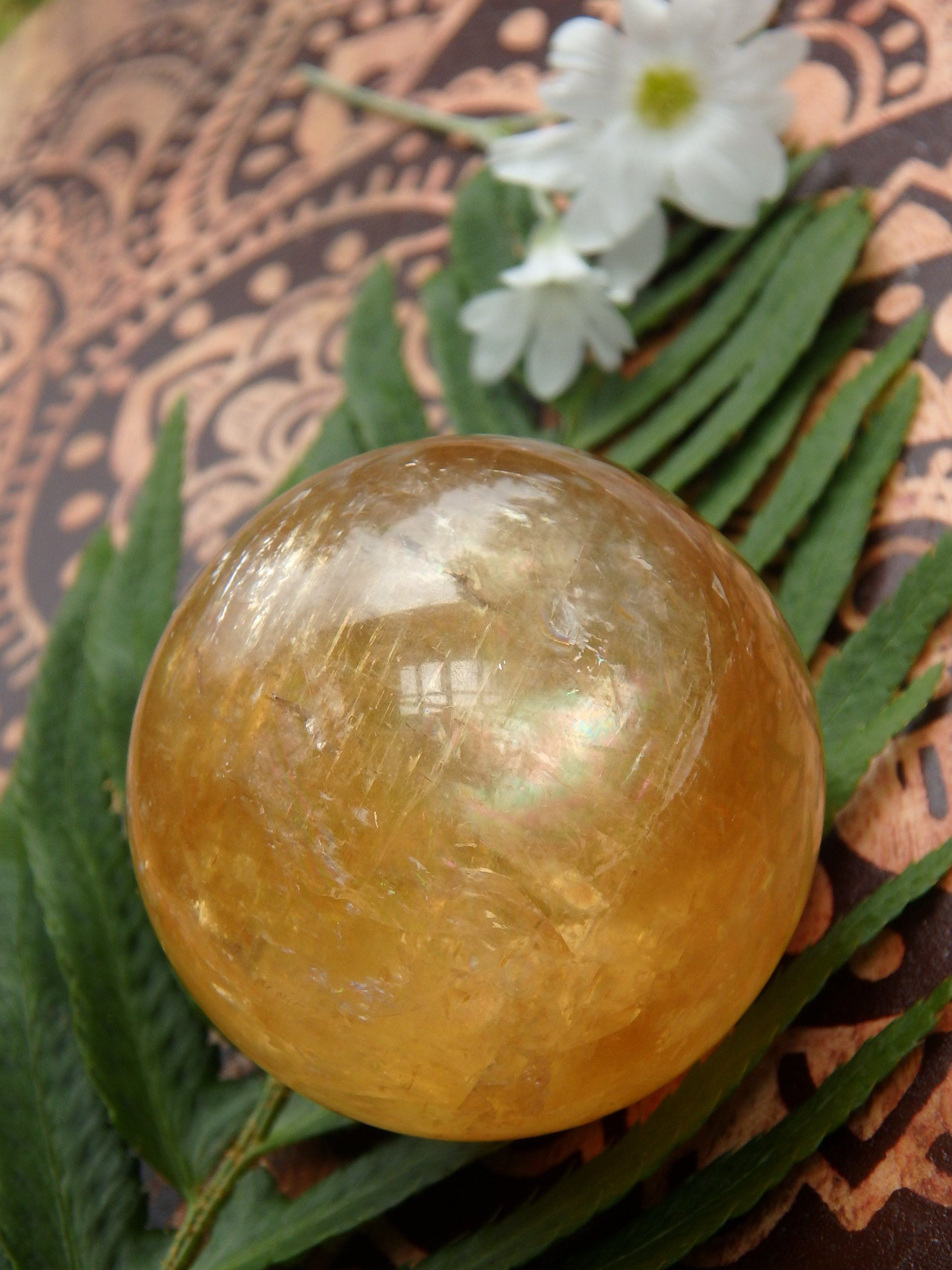 Brilliant Deep Orange Golden Calcite Sphere Carving 2 - Earth Family Crystals