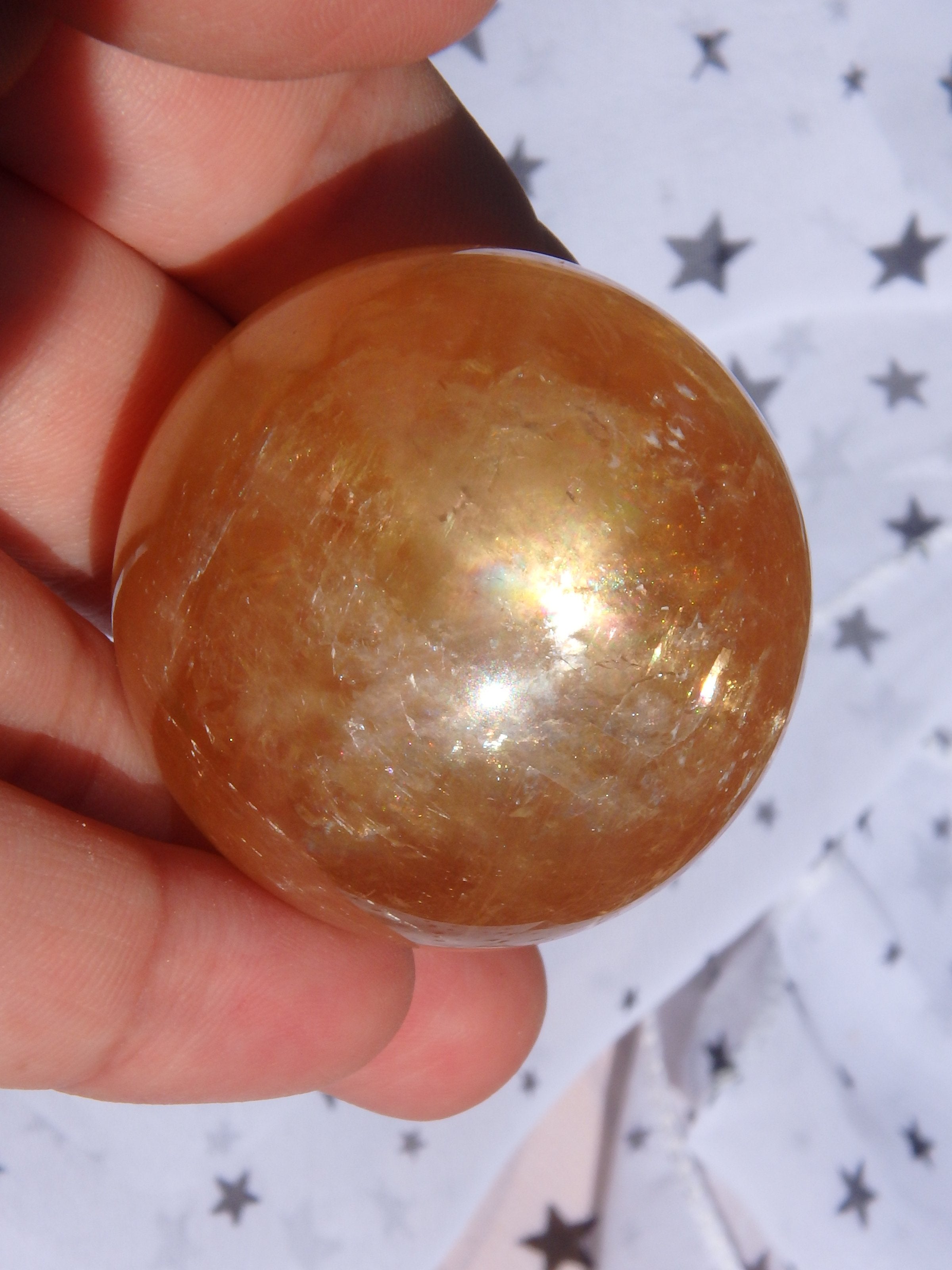 Uplifting Optical Golden Honey Calcite Sphere Carving With Rainbows 3 - Earth Family Crystals