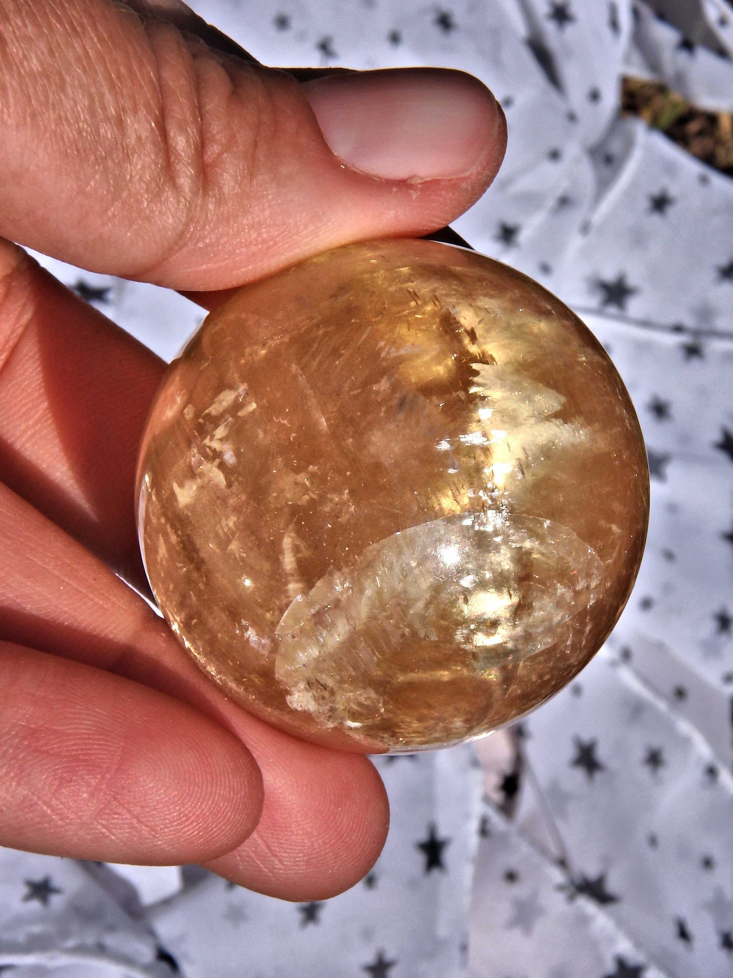 Uplifting Optical Golden Honey Calcite Sphere Carving With Rainbows 2 - Earth Family Crystals