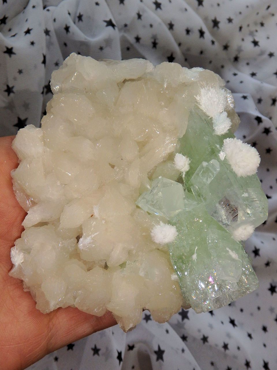 Rare Mordenite Puff Balls on Rare Green Apophyllite & Pink Stilbite Large Cluster From India - Earth Family Crystals