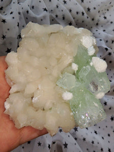 Rare Mordenite Puff Balls on Rare Green Apophyllite & Pink Stilbite Large Cluster From India - Earth Family Crystals