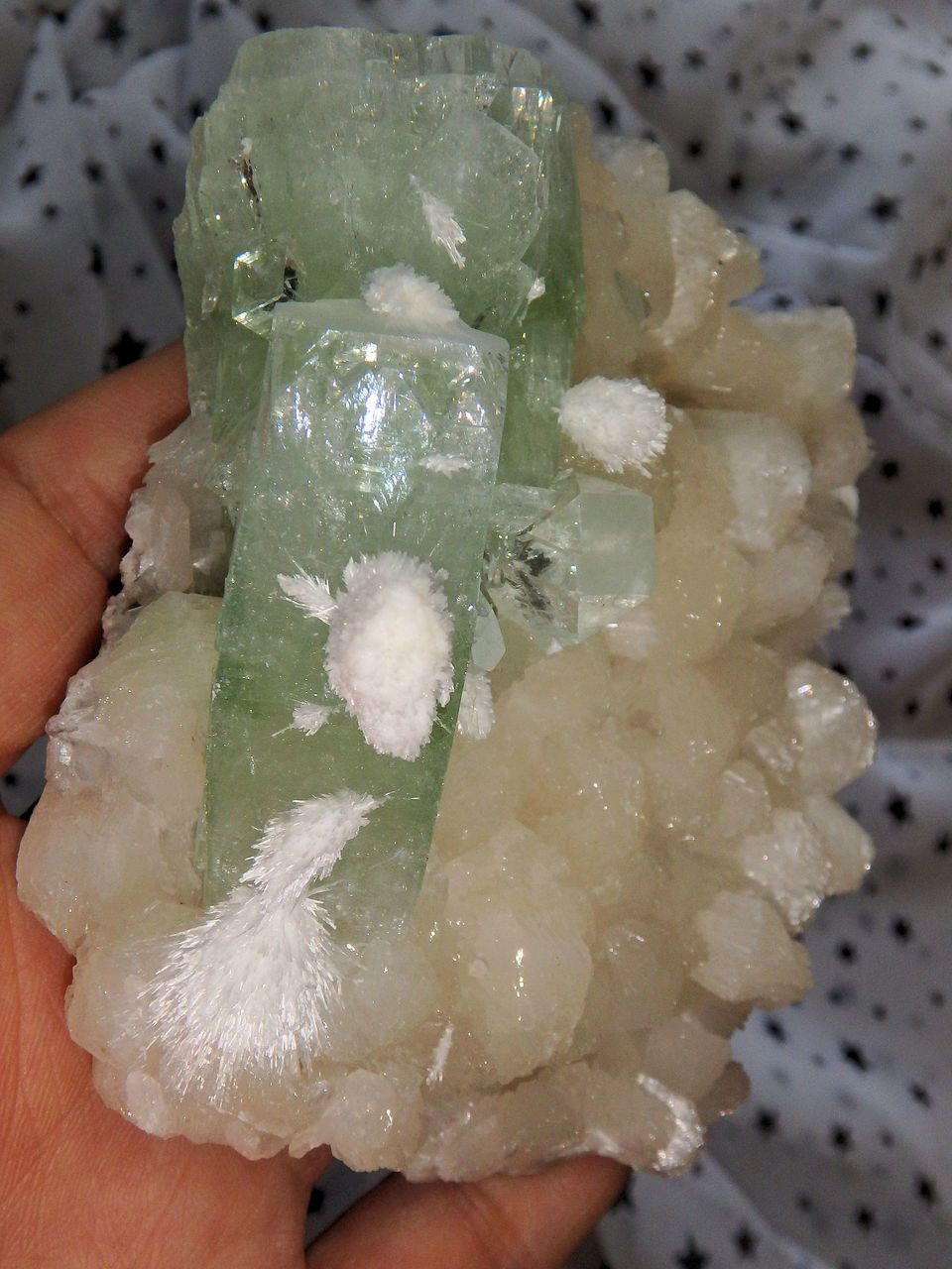 Rare Mordenite Puff Balls on Rare Green Apophyllite & Pink Stilbite Large Cluster From India - Earth Family Crystals