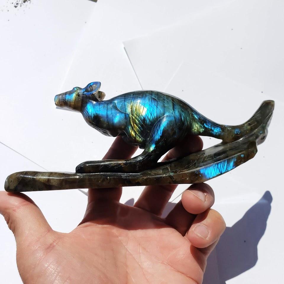 Fascinating Australian Kangaroo Labradorite Large Display Home Decor Carving - Earth Family Crystals