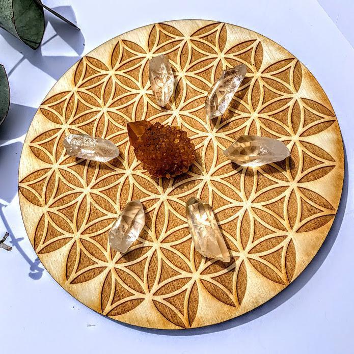 Crystal Mandala Set -Includes Flower of Life Birch Wood Board Natural Golden Spirit Quartz & 6 Golden Healer Quartz Points - Earth Family Crystals