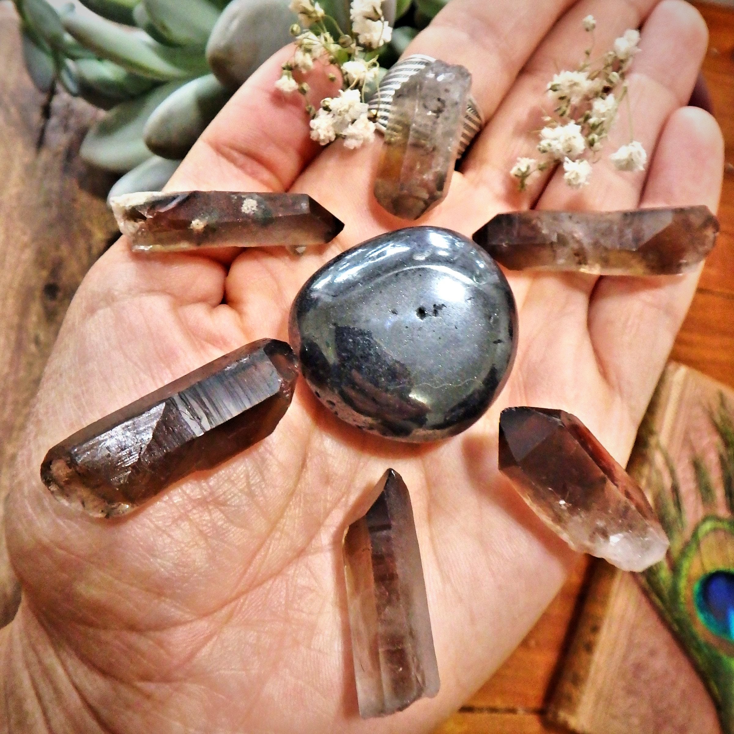 Protective Mandala Kit~Set of 6 Natural Brazilian Smoky Quartz Points & 1 Shiny Hematite Tumbled Stone