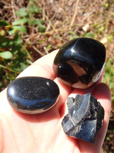 Root Chakra Set of 3~High Shine Hematite, Chunky Jet & Raw Elite Noble Shungite Hand Held Stone Kit - Earth Family Crystals