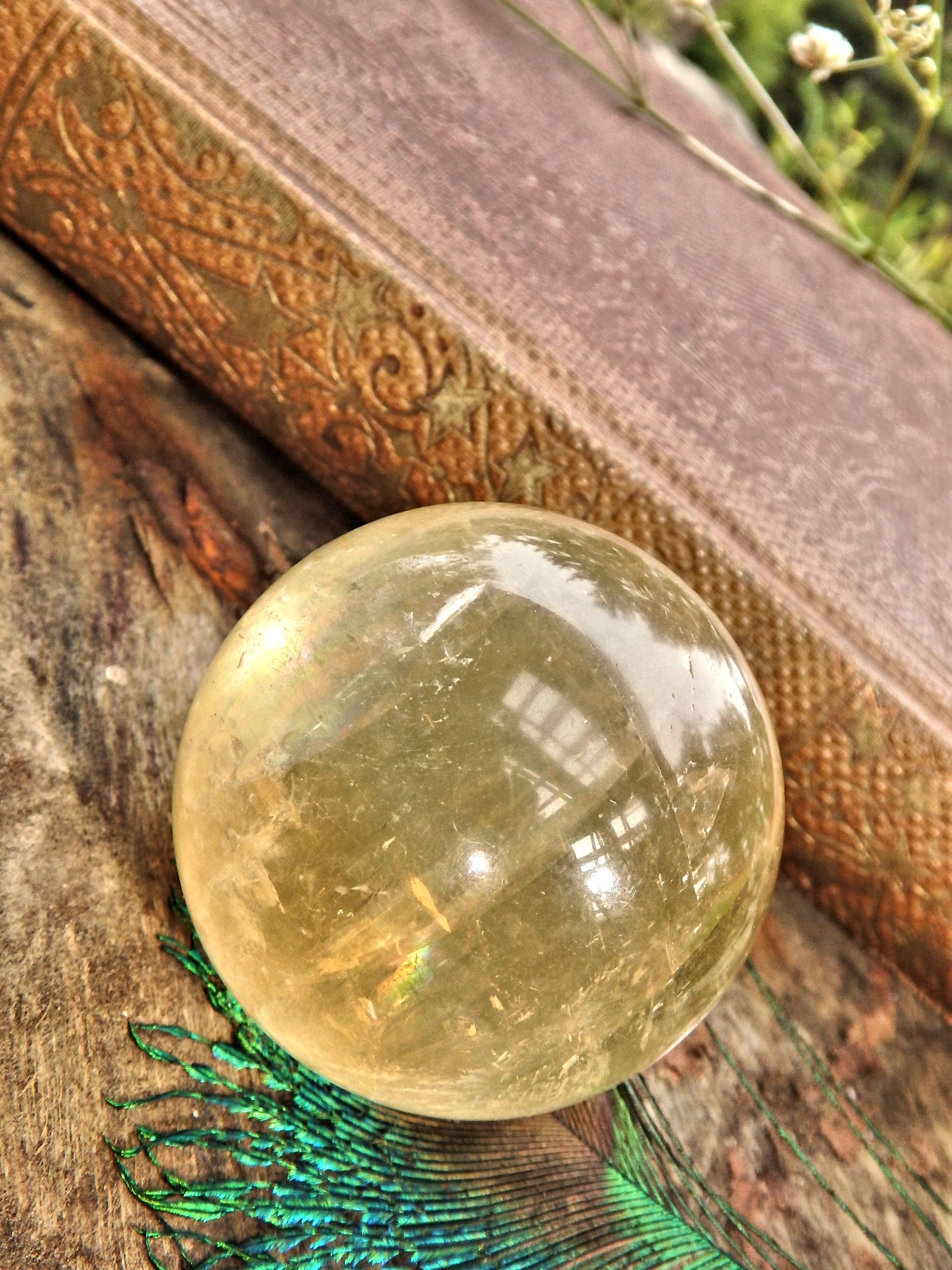 Optical Golden Orb Honey Calcite Sphere Carving 1