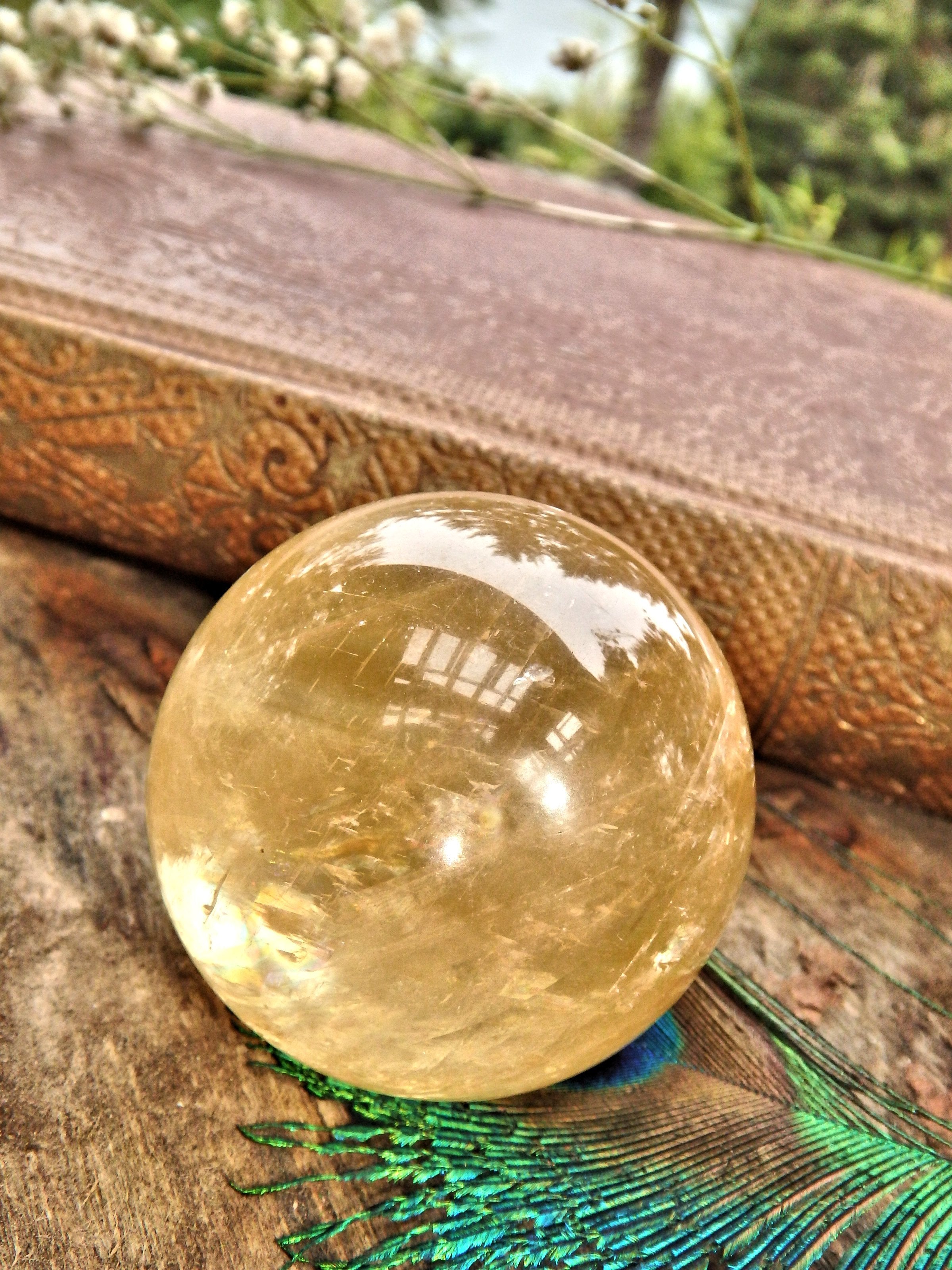 Optical Golden Orb Honey Calcite Sphere Carving 2