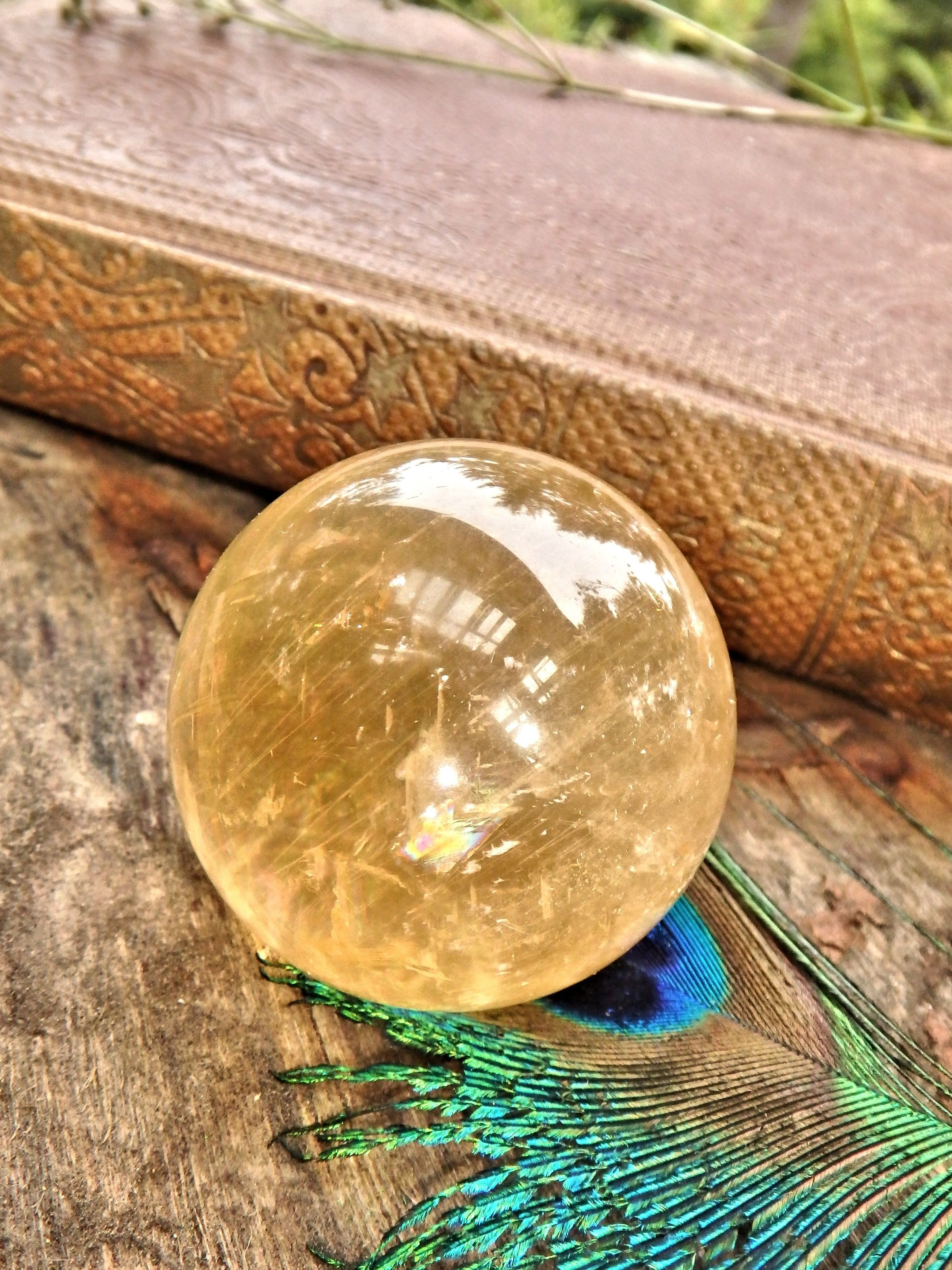 Optical Golden Orb Honey Calcite Sphere Carving 3