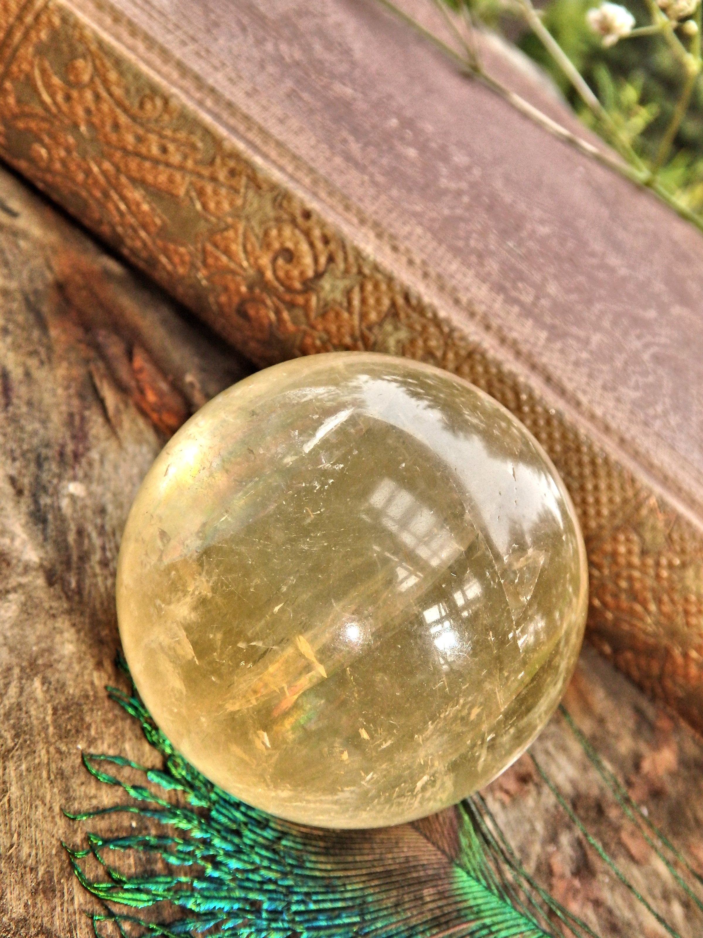 Optical Golden Orb Honey Calcite Sphere Carving 1