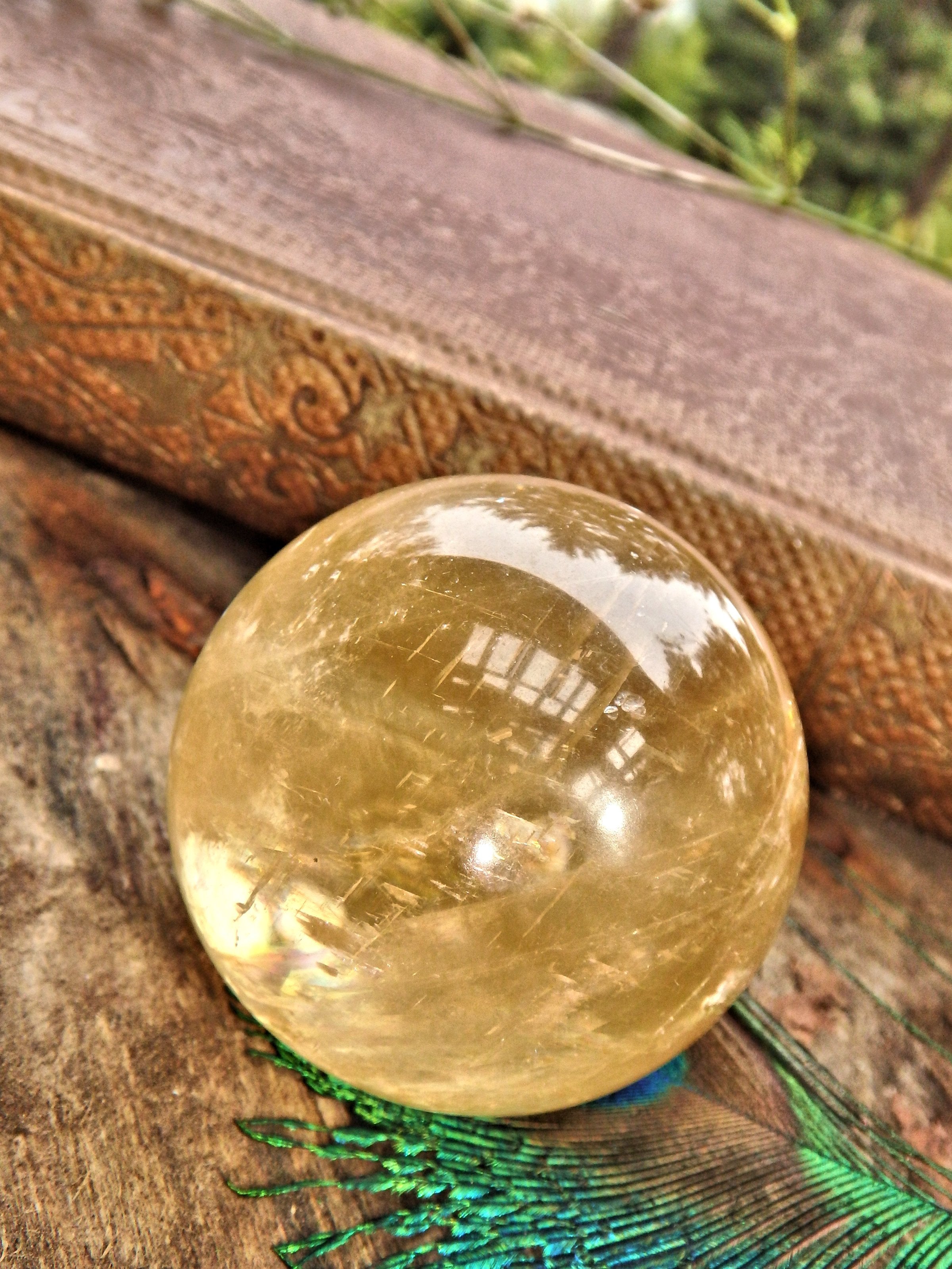 Optical Golden Orb Honey Calcite Sphere Carving 2