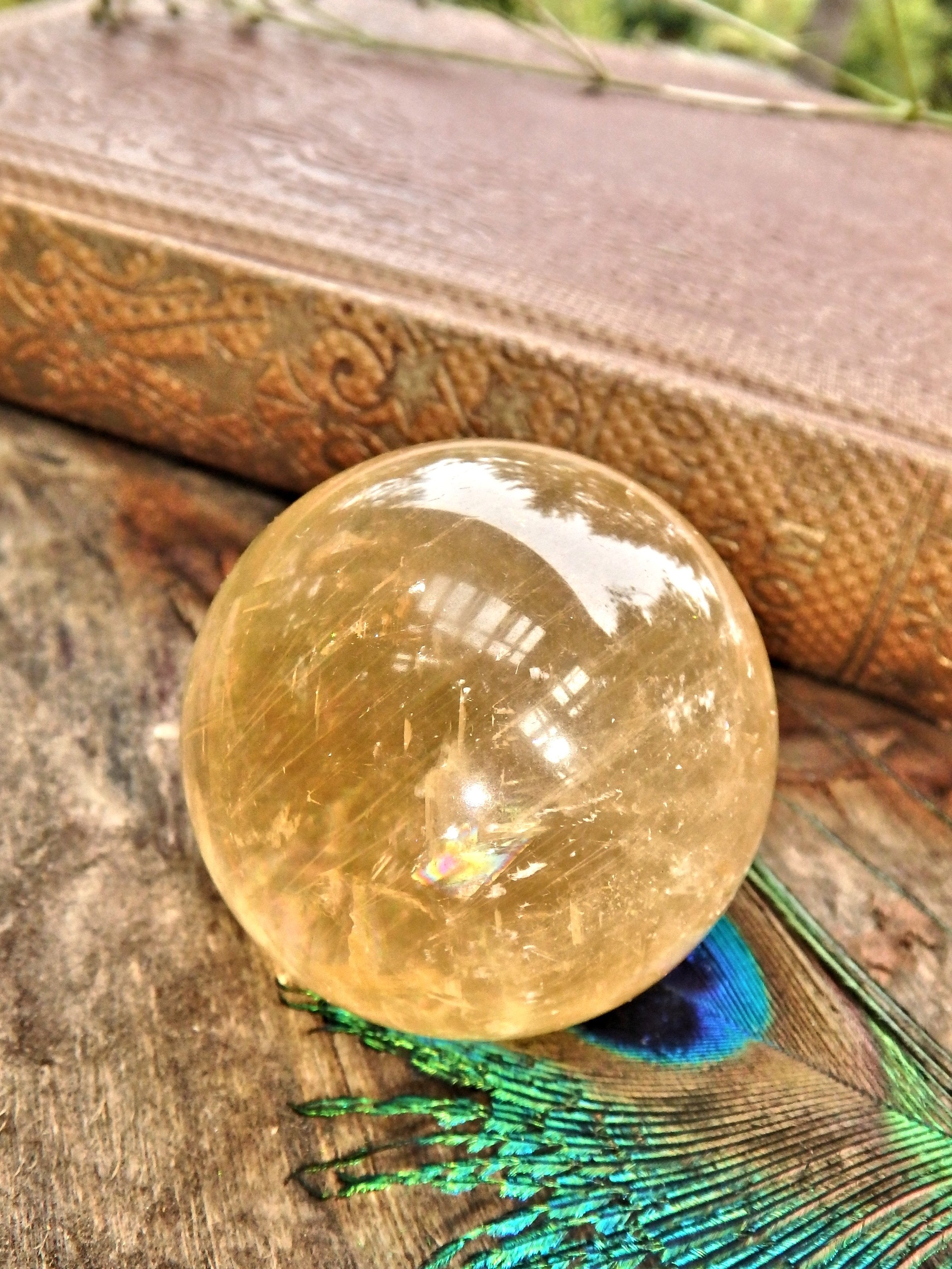 Optical Golden Orb Honey Calcite Sphere Carving 3