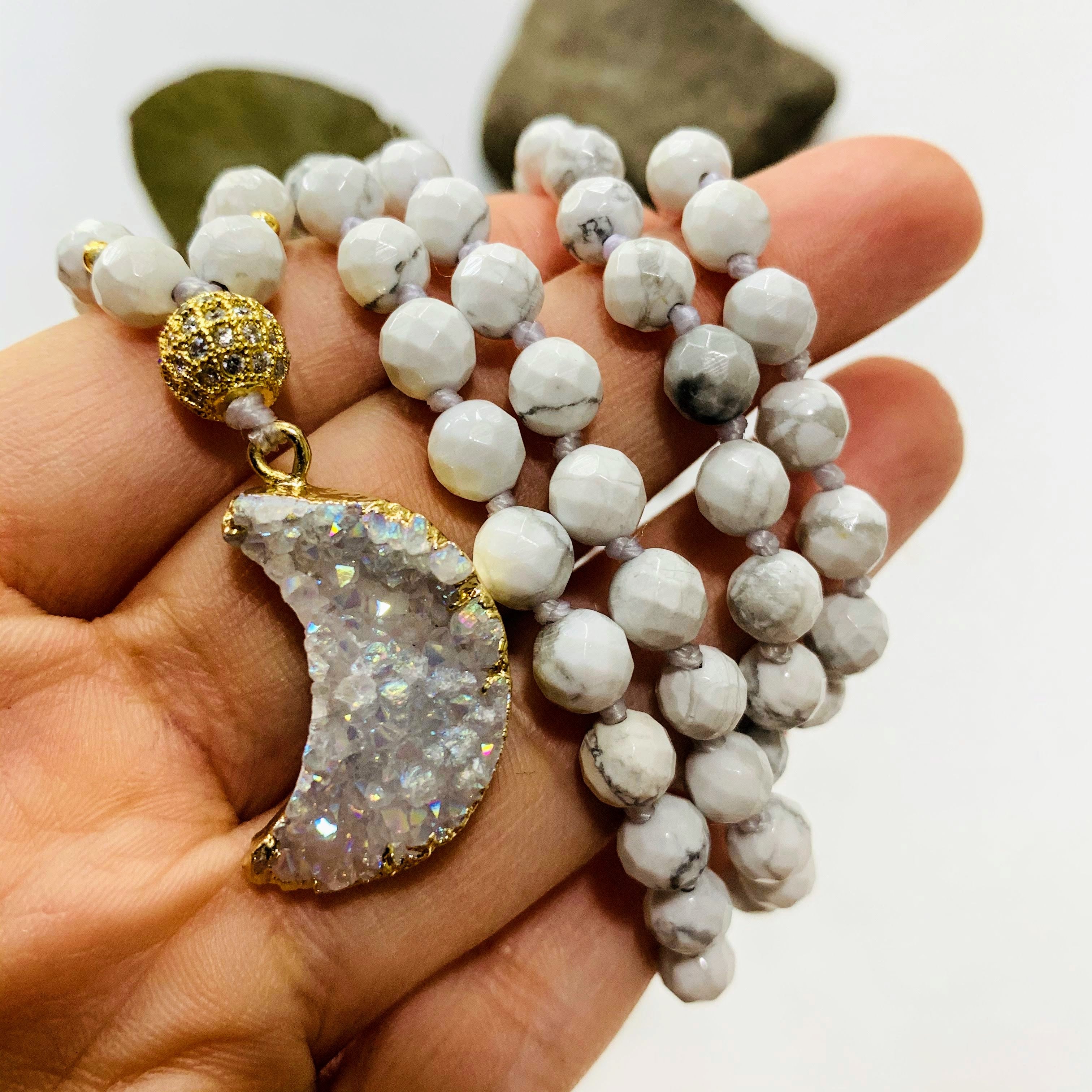 Gorgeous Druzy Quartz Crescent Moon & White Howlite Beaded Long Mala Style Necklace - Earth Family Crystals