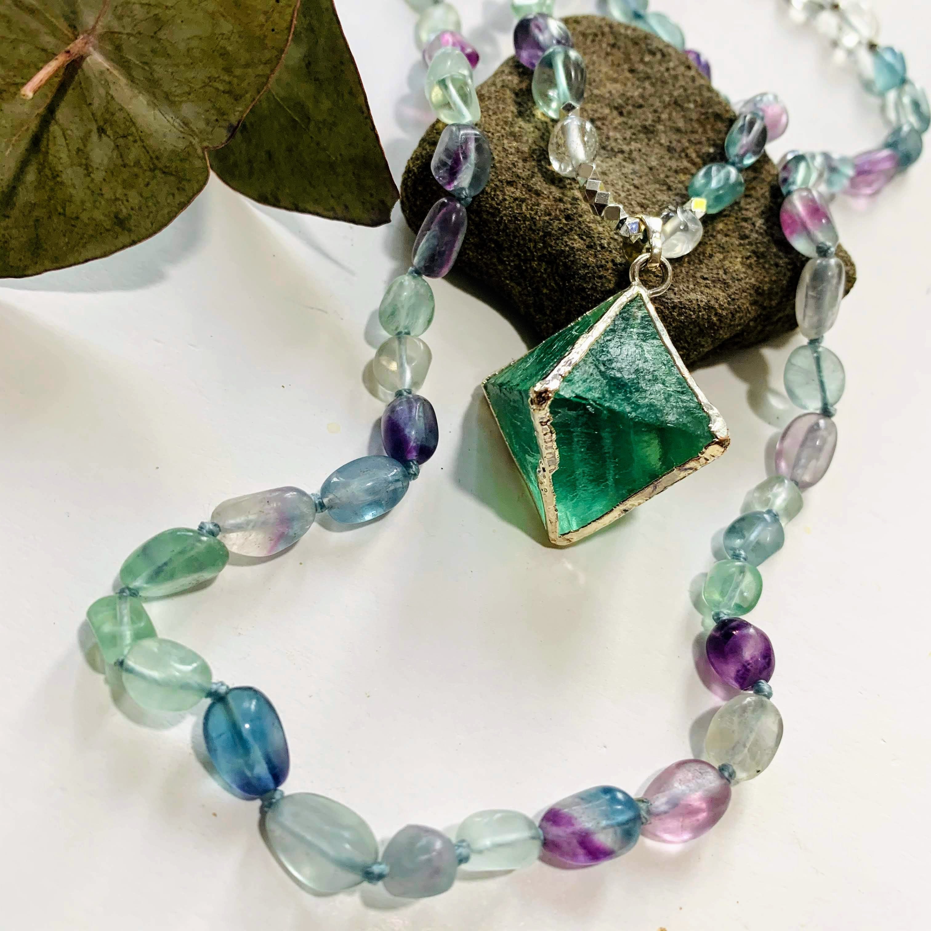 Brilliant Green Octahedron Natural Fluorite & Rainbow Fluorite/Clear Quartz Beaded Long Mala Style Necklace - Earth Family Crystals