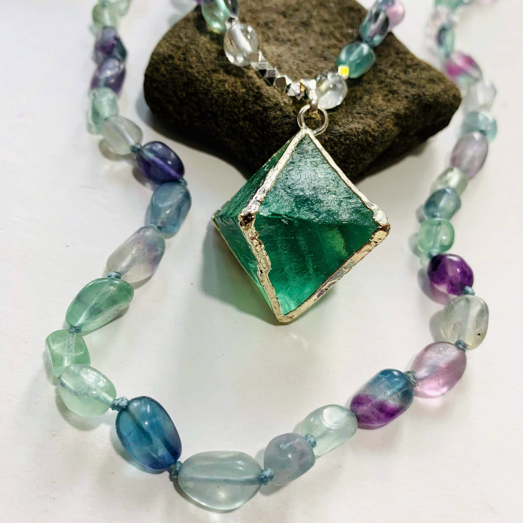 Brilliant Green Octahedron Natural Fluorite & Rainbow Fluorite/Clear Quartz Beaded Long Mala Style Necklace - Earth Family Crystals