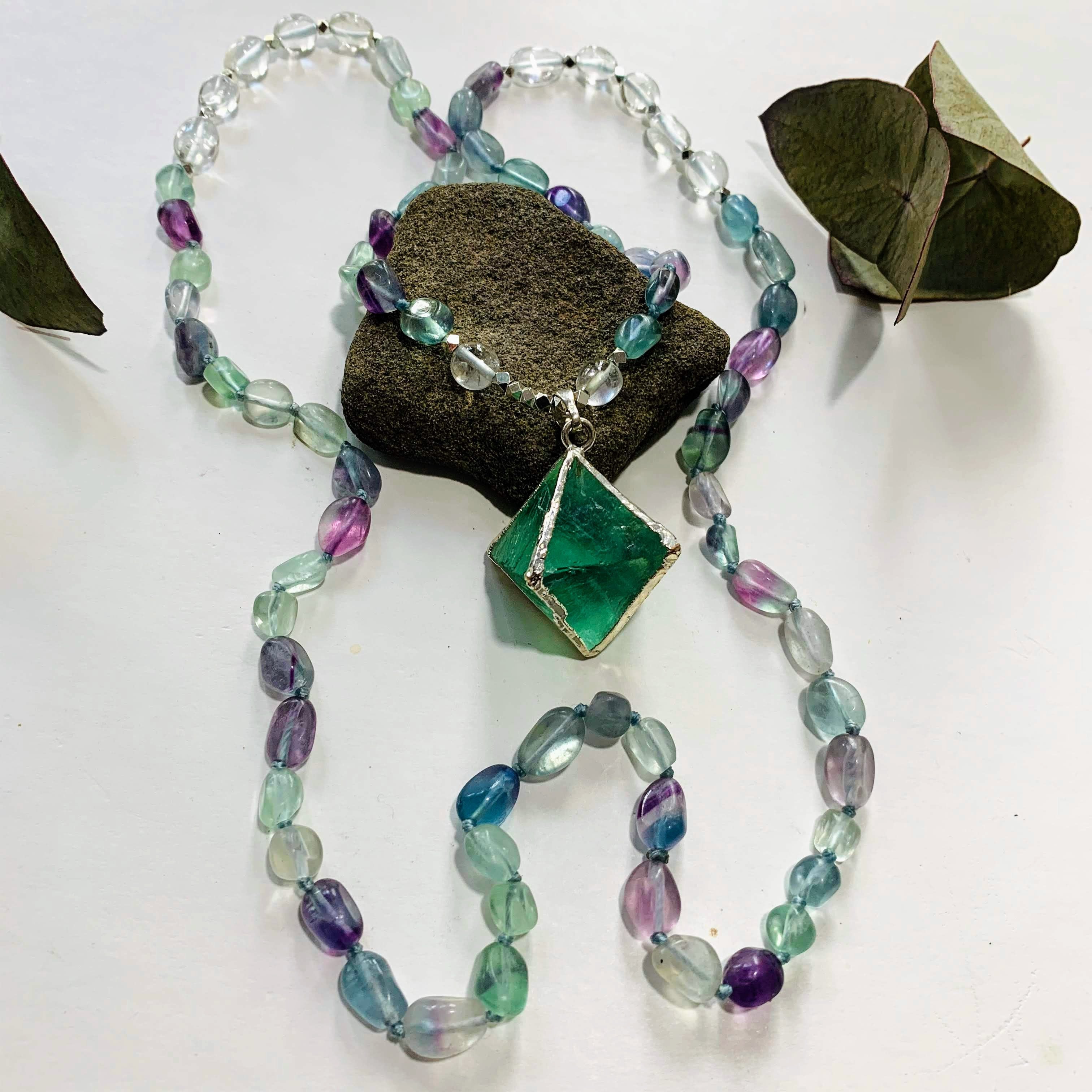 Brilliant Green Octahedron Natural Fluorite & Rainbow Fluorite/Clear Quartz Beaded Long Mala Style Necklace - Earth Family Crystals