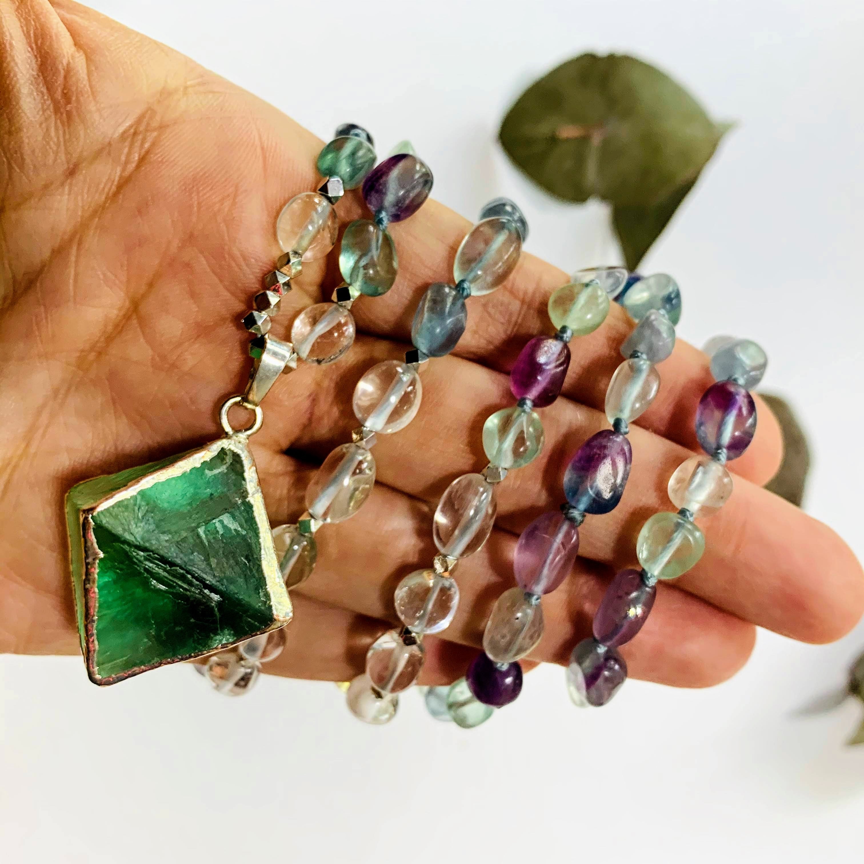 Brilliant Green Octahedron Natural Fluorite & Rainbow Fluorite/Clear Quartz Beaded Long Mala Style Necklace - Earth Family Crystals
