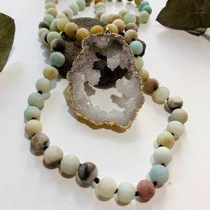 Sparkling Druzy Quartz & Frosted Amazonite Beaded Long Mala Style Necklace