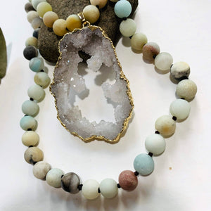 Sparkling Druzy Quartz & Frosted Amazonite Beaded Long Mala Style Necklace