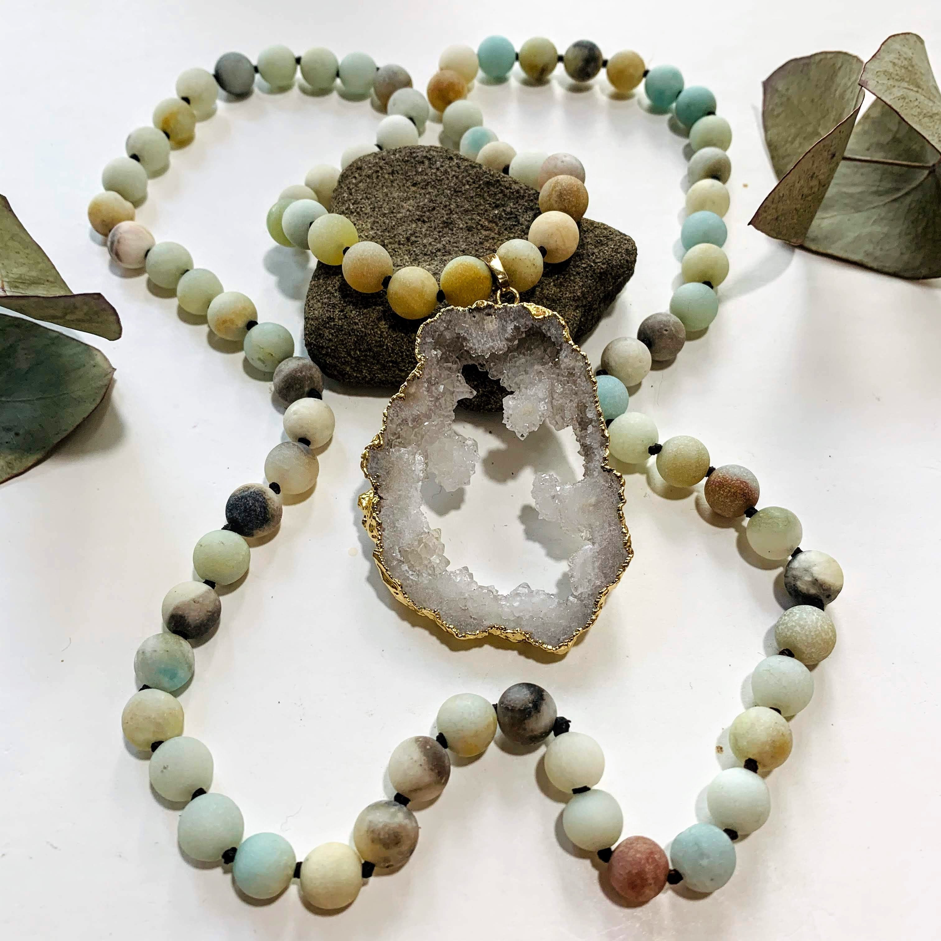 Sparkling Druzy Quartz & Frosted Amazonite Beaded Long Mala Style Necklace